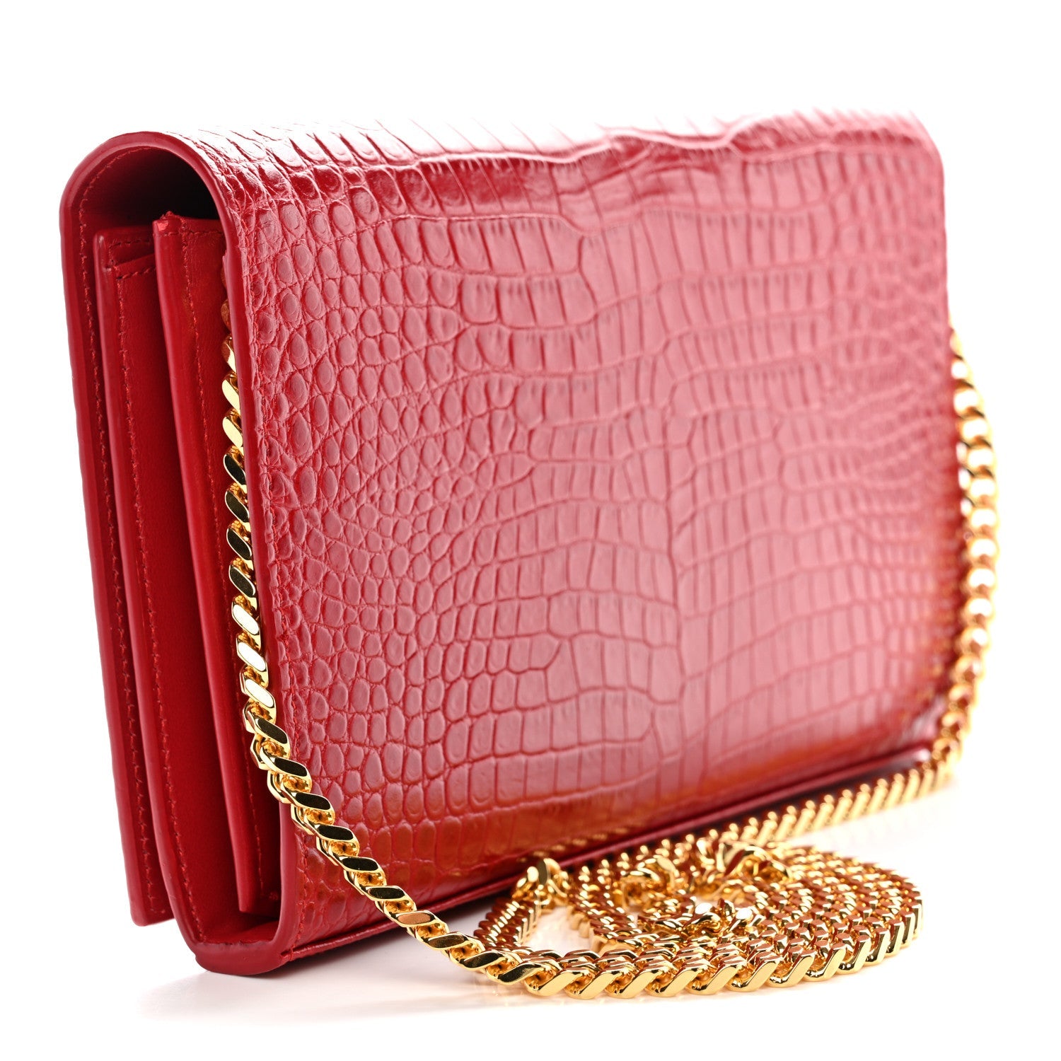Calfskin Crocodile Embossed Monogram Chain Wallet New Lipstick Red