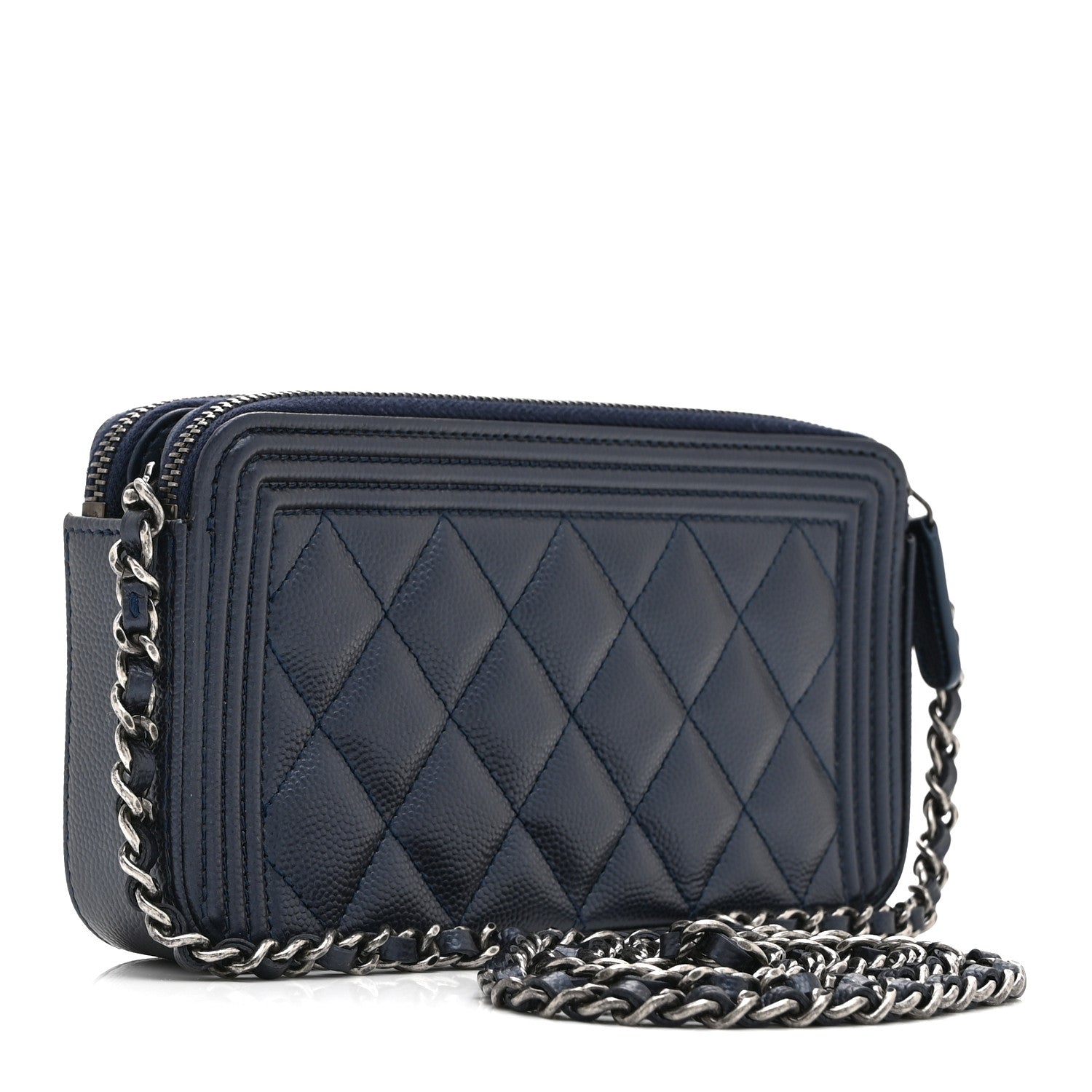 Metallic Caviar Quilted Small Boy Clutch With Chain Navy