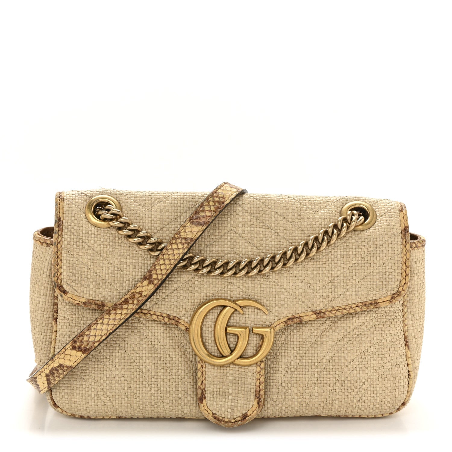 Raffia Elaphe Matelasse Small GG Marmont Shoulder Bag Natural Cream Brown