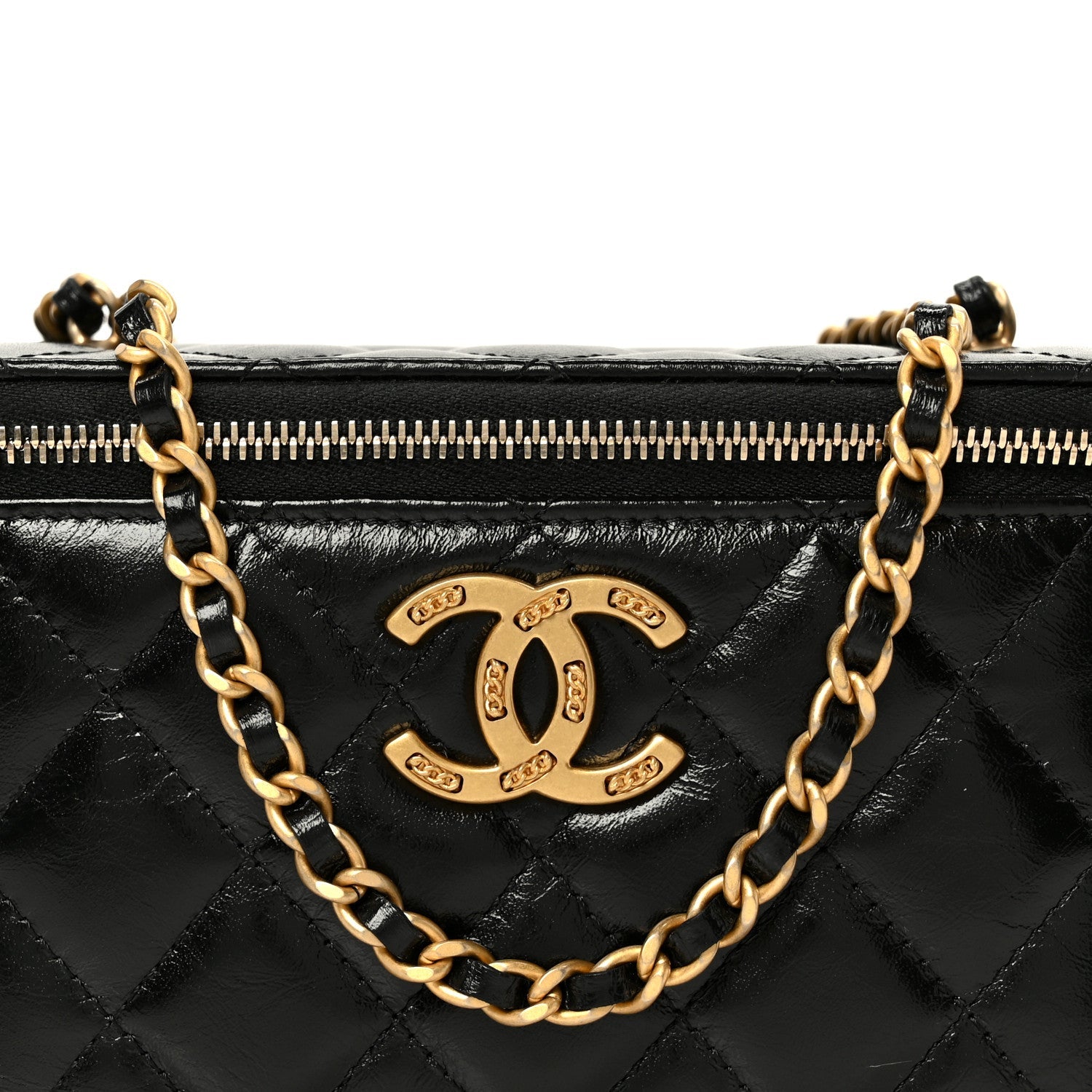 Shiny Lambskin Quilted CC Links Small Vanity Case With Chain Black