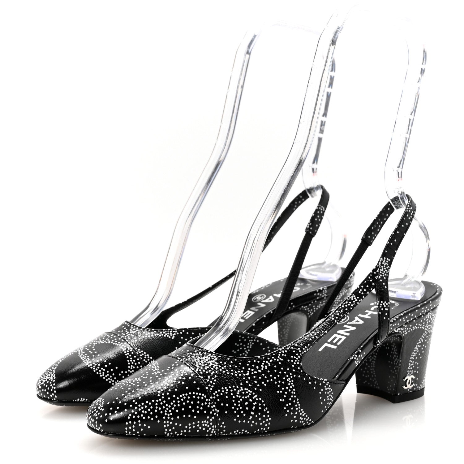 Calfskin Camellia Printed Cap Toe CC Slingback Pumps 37 Black White
