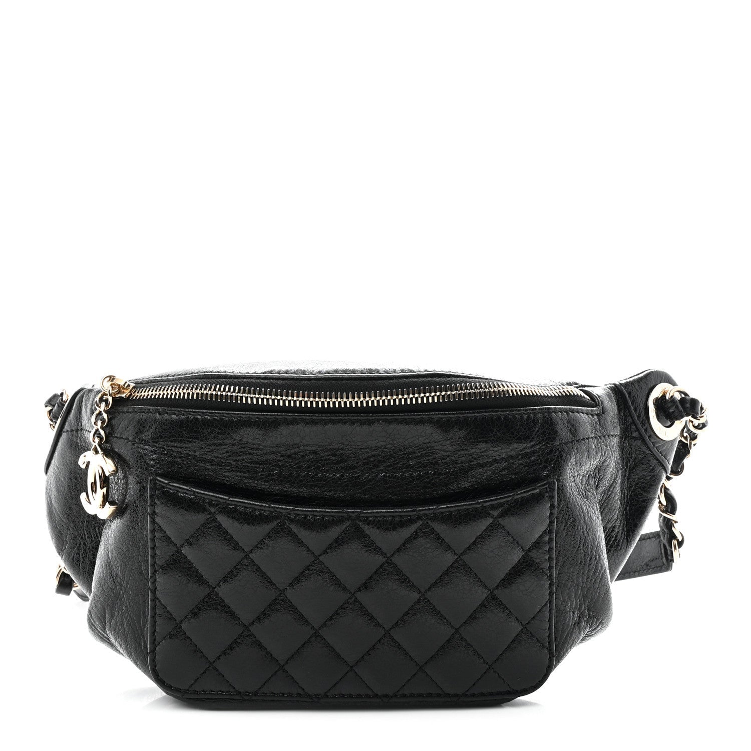 Crumpled Glazed Lambskin Quilted Waist Bag Fanny Pack Black