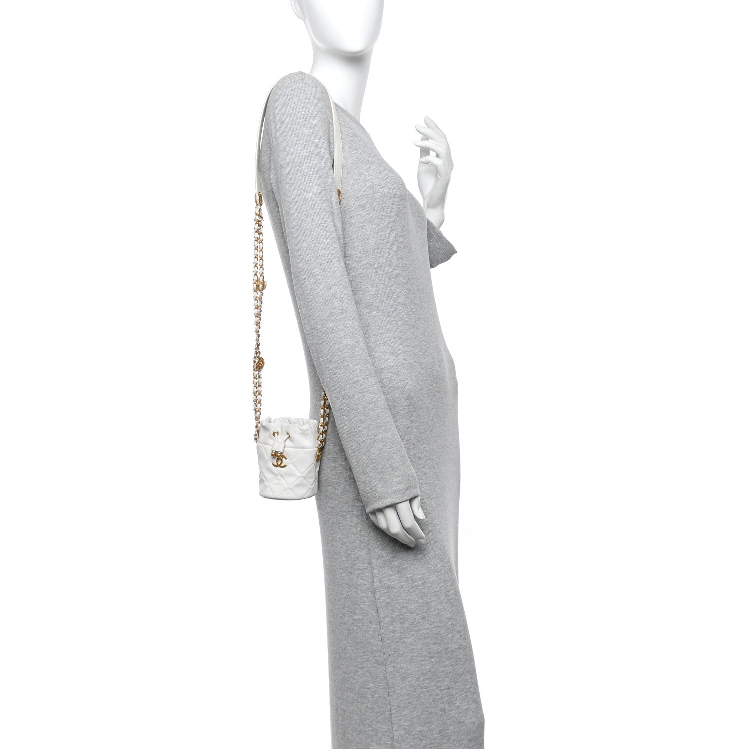 Caviar Quilted Twist Your Buttons Mini Bucket Bag White