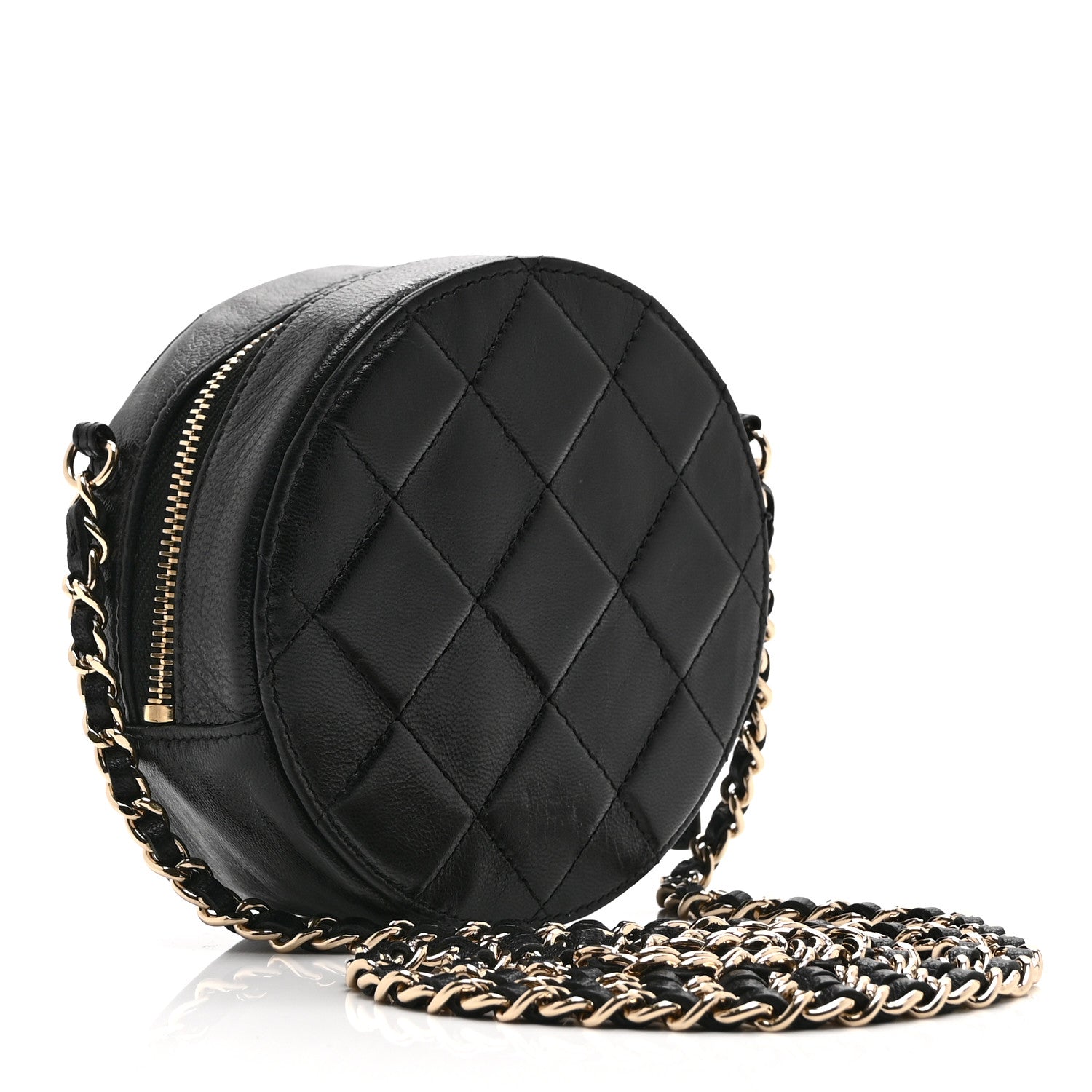 Calfskin Round Clutch With Chain Black