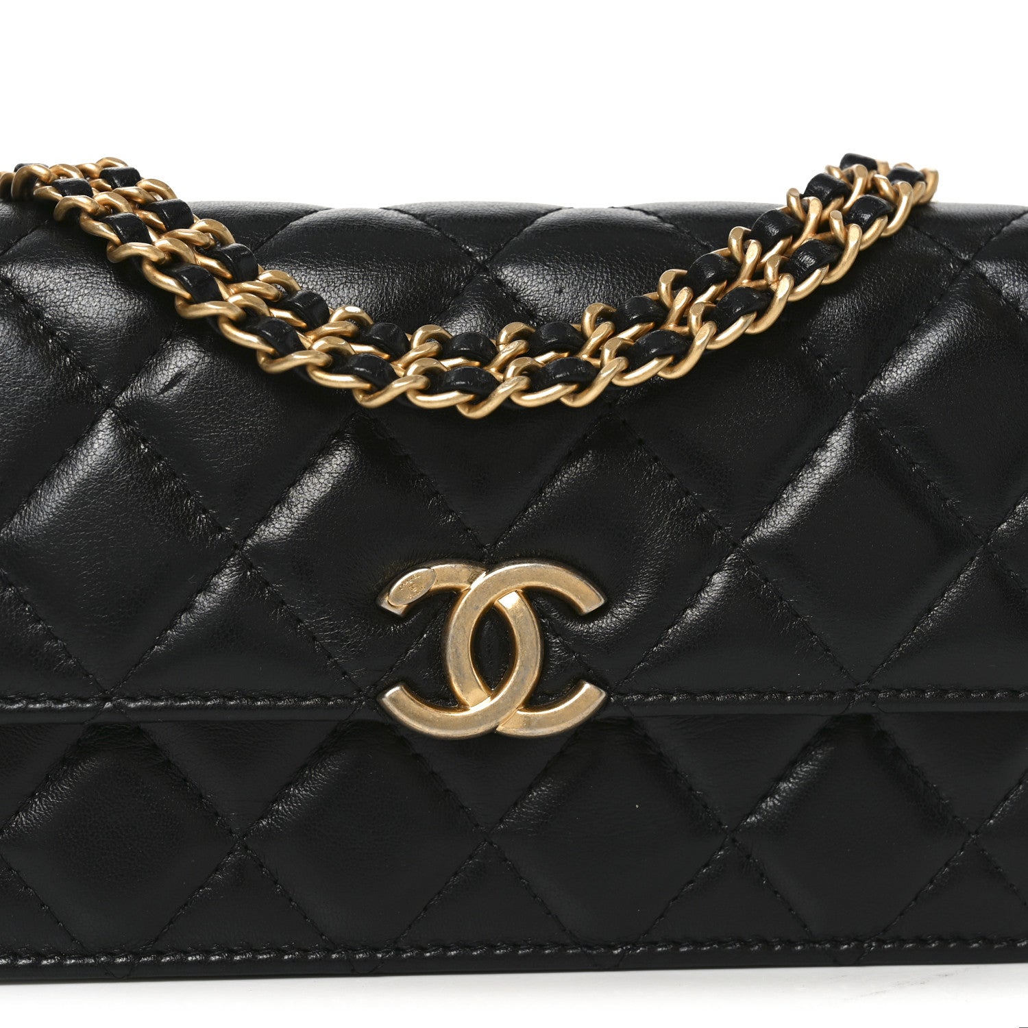 Lambskin Quilted Double Chain Flap Phone Holder With Chain Black