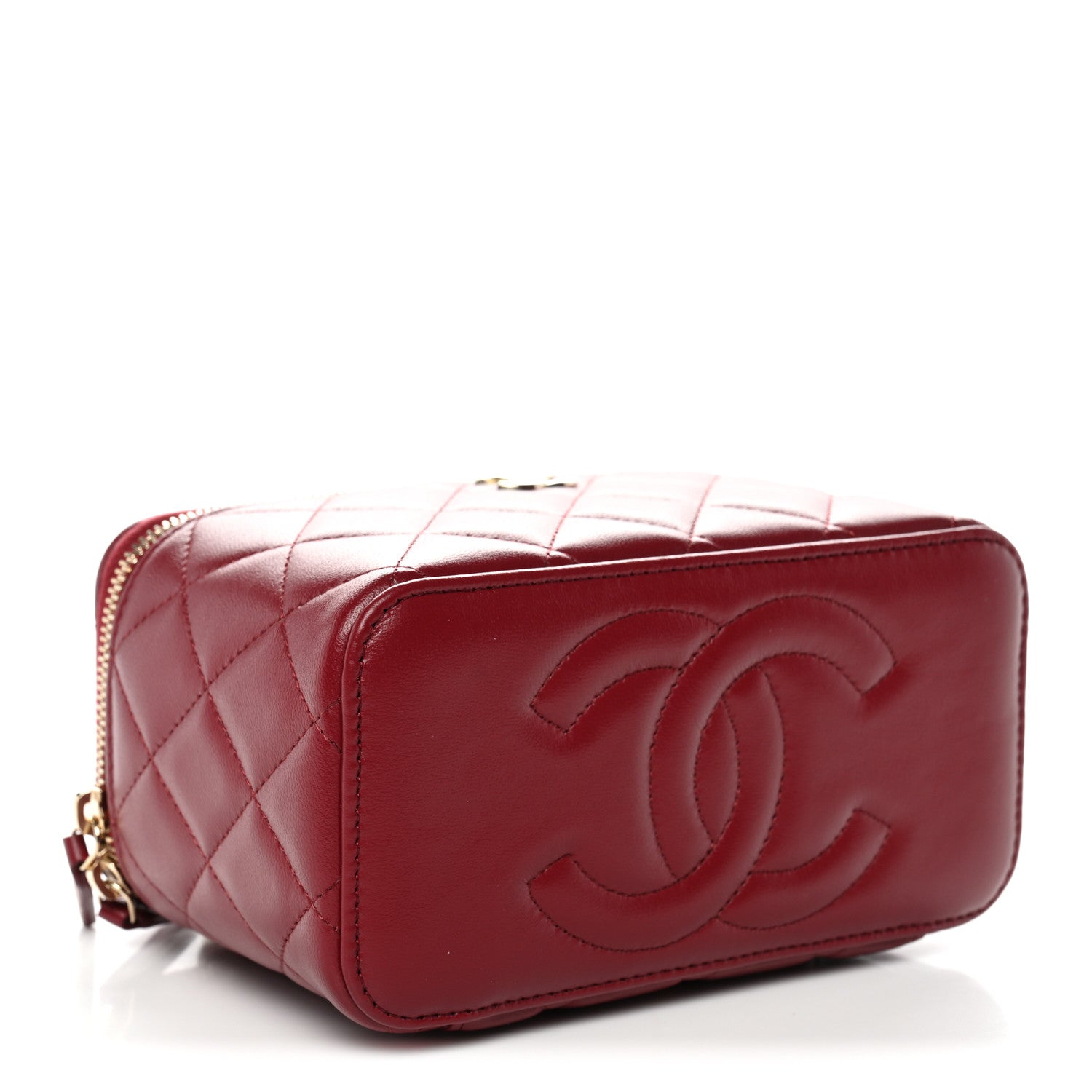 Lambskin Quilted Small Top Handle Vanity Case With Chain Burgundy