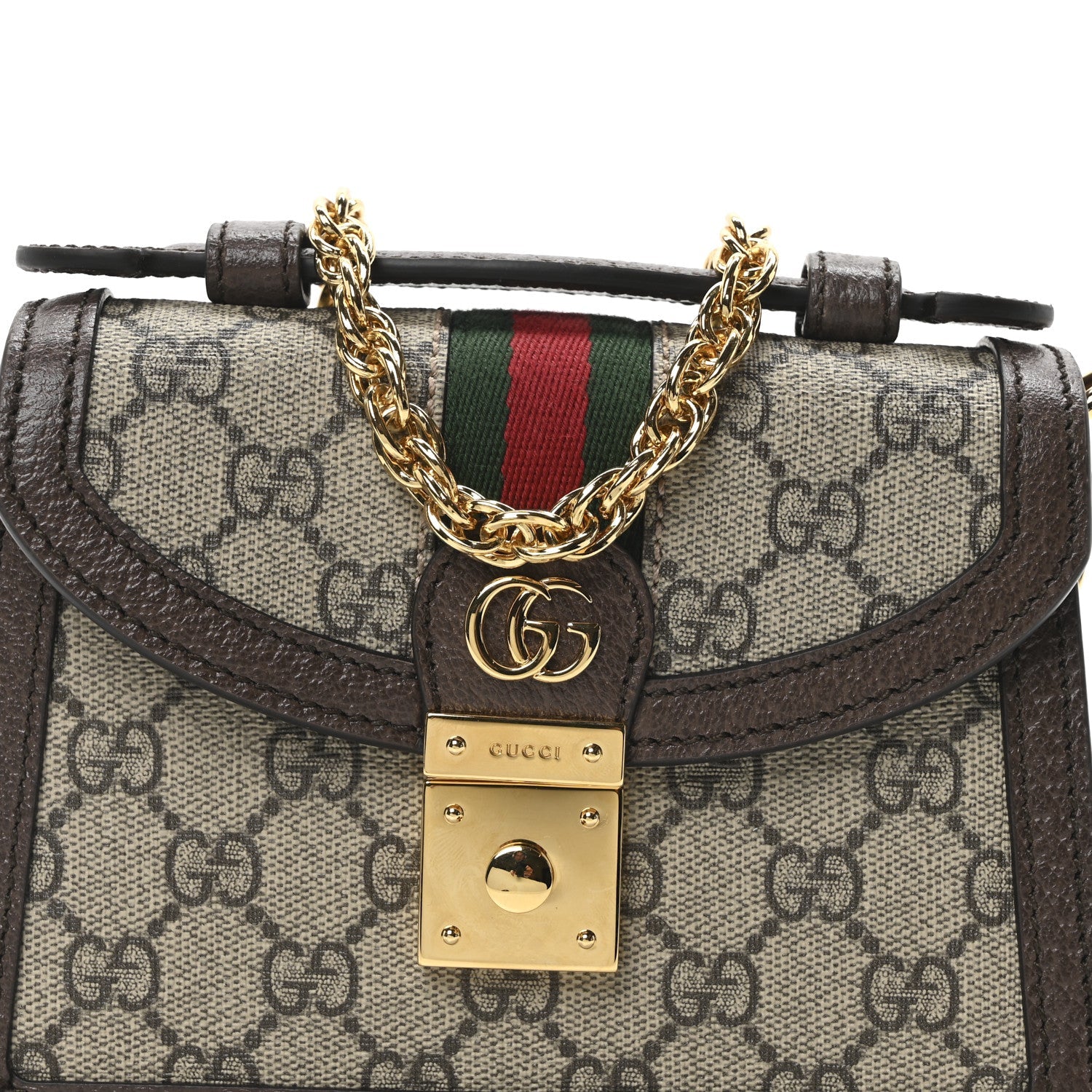 GG Supreme Monogram Textured Dollar Calfskin Web Mini Ophidia Padlock Top Handle Chain Shoulder Bag Beige Ebony New Acero