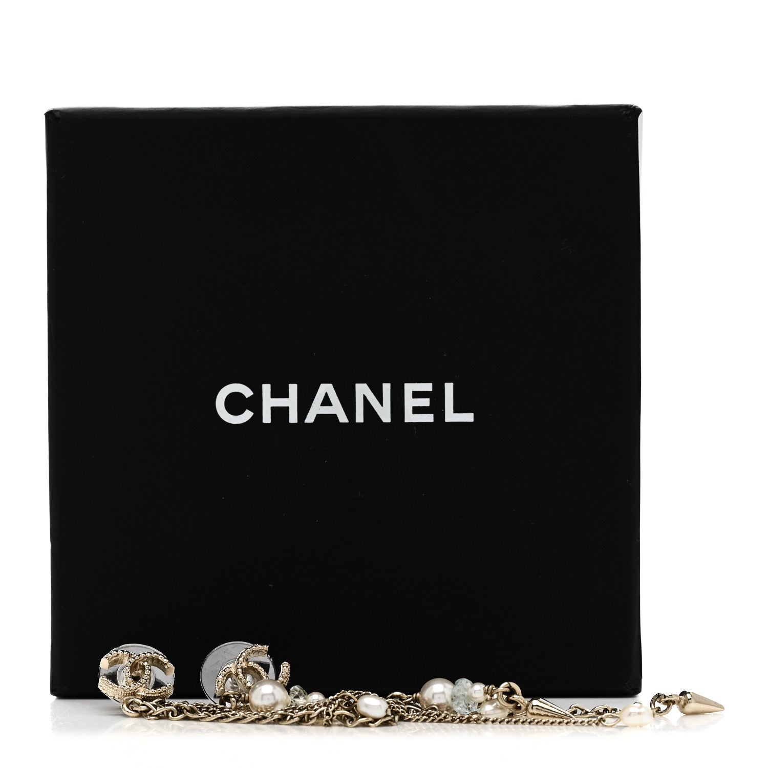Chain Pearl CC Drop Earrings Light Gold