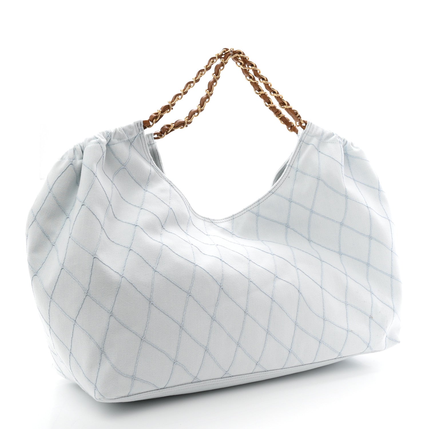 Denim Calfskin Quilted Coco Beach Small Shopping Tote Light Blue Brown