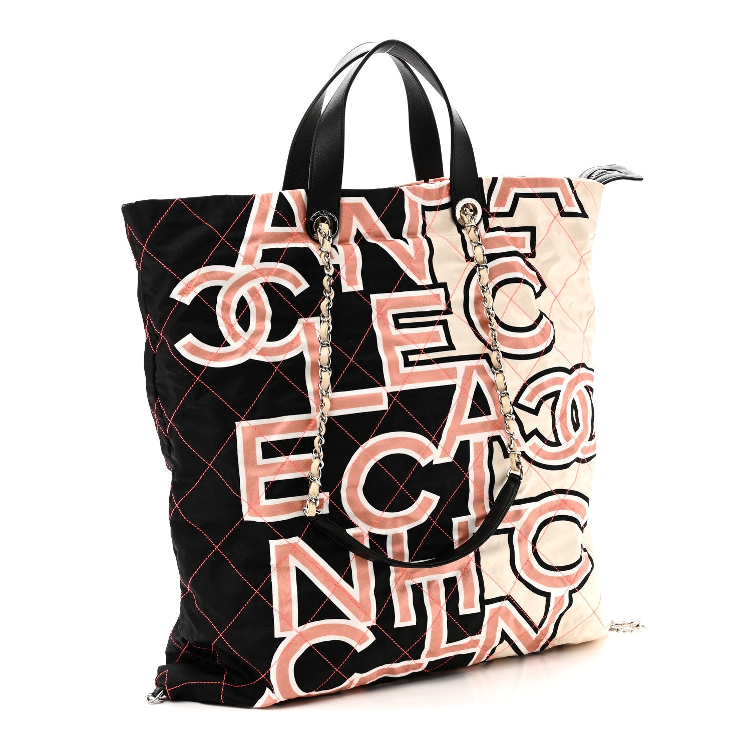 Nylon Stitched Printed Logo Shopping Bag Black White