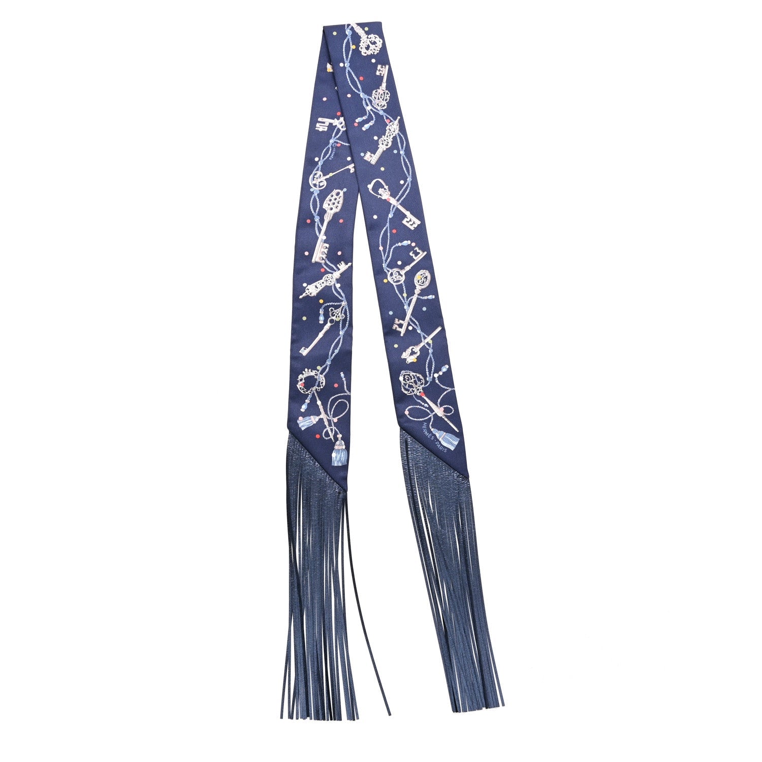 Silk Calfskin Les Cles A Pois Fringed Twilly Bleu Marine Gris Argent Multicolor