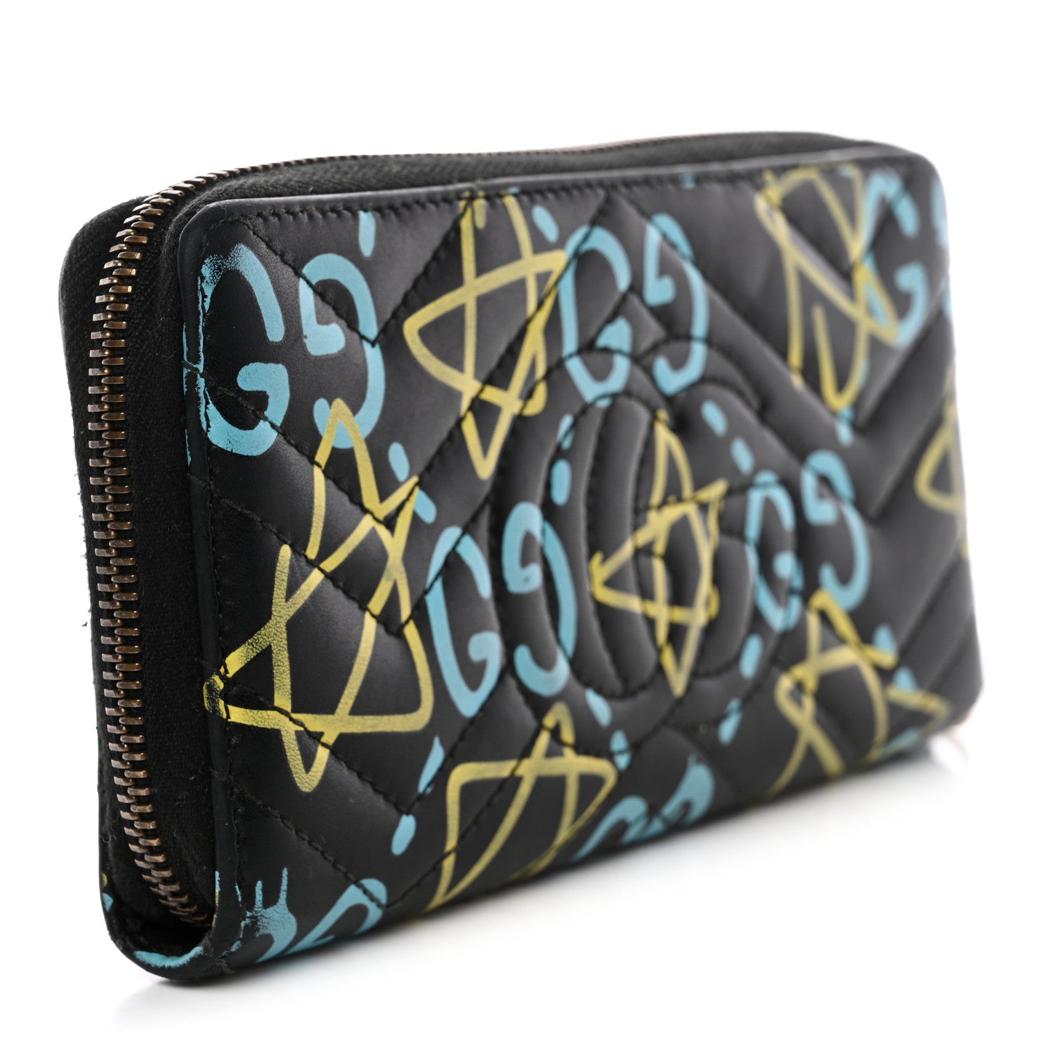 Calfskin Matelasse GucciGhost GG Marmont Zip Around Wallet Black New Acquamarine