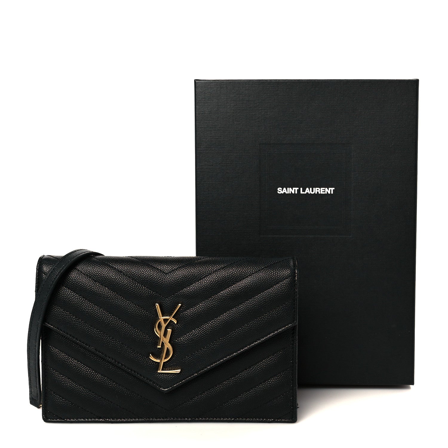 Grain De Poudre Matelasse Chevron Monogram Envelope Chain Wallet Black