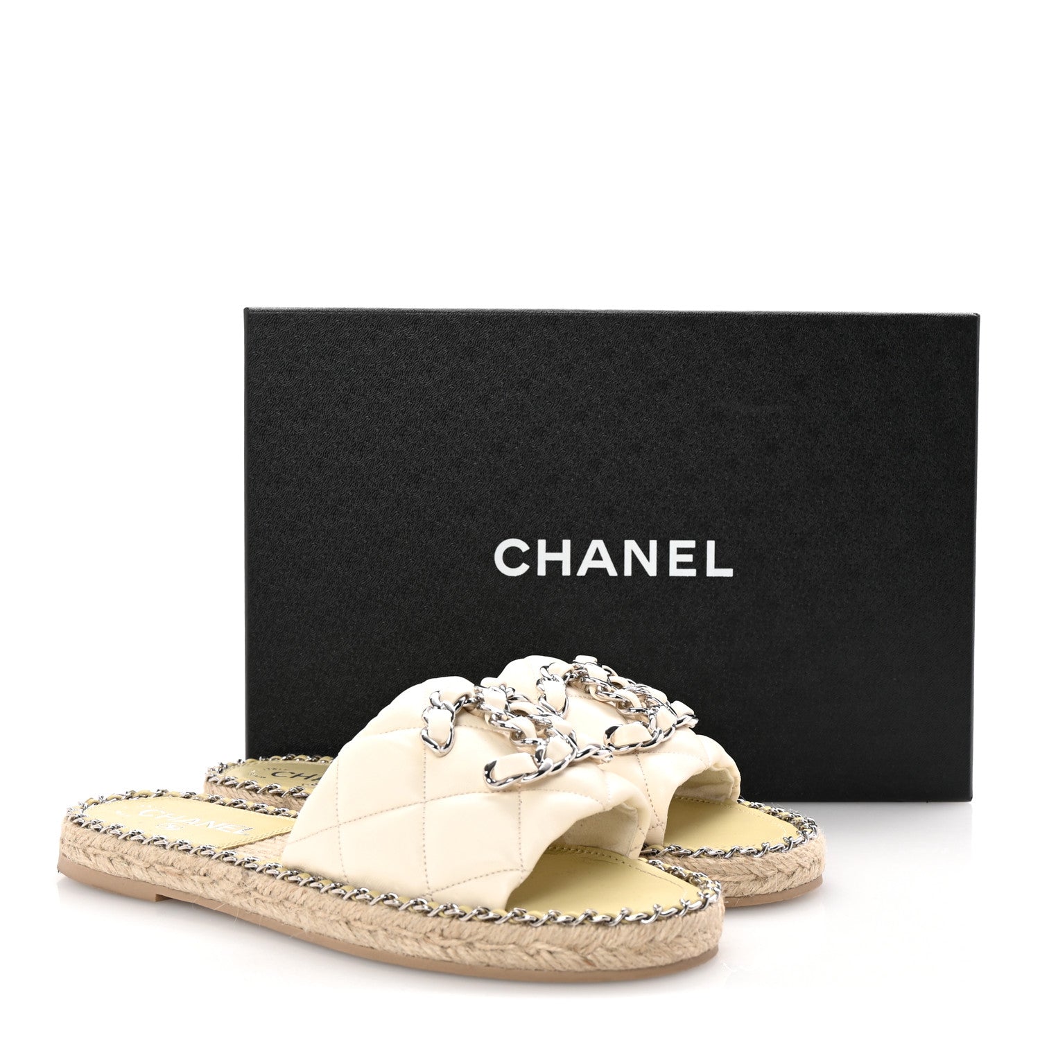Lambskin Quilted CC Chain Espadrille Mules 37 White