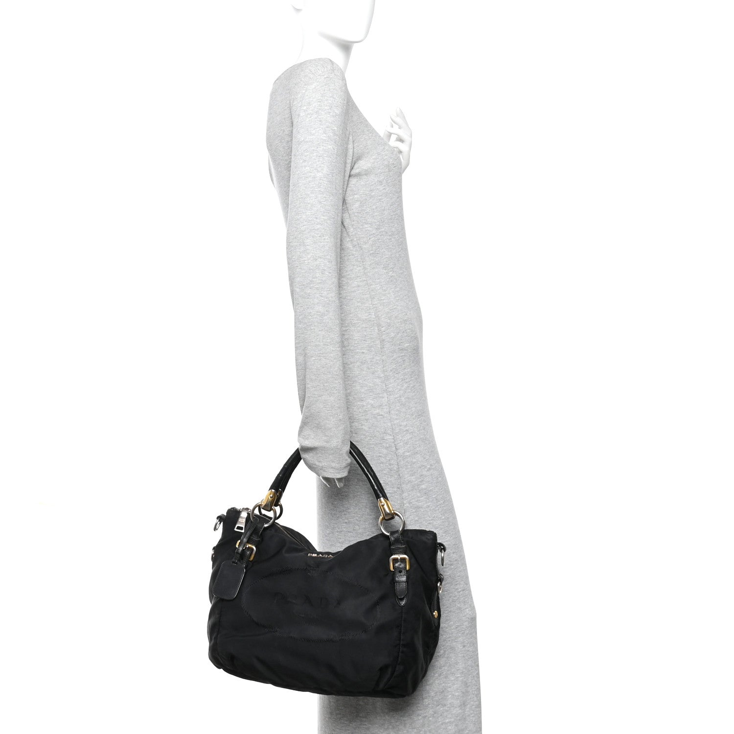 Tessuto Nylon Vitello Daino Shopping Satchel Black