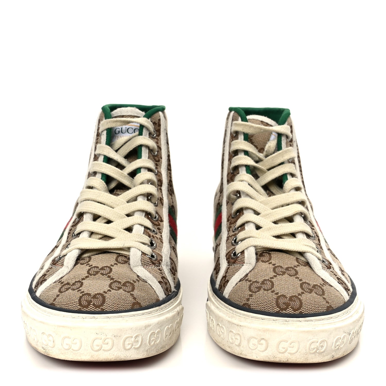 GG Monogram Web Mens 1977 Tennis High Top Sneakers 6.5 Beige Ebony Mystic White