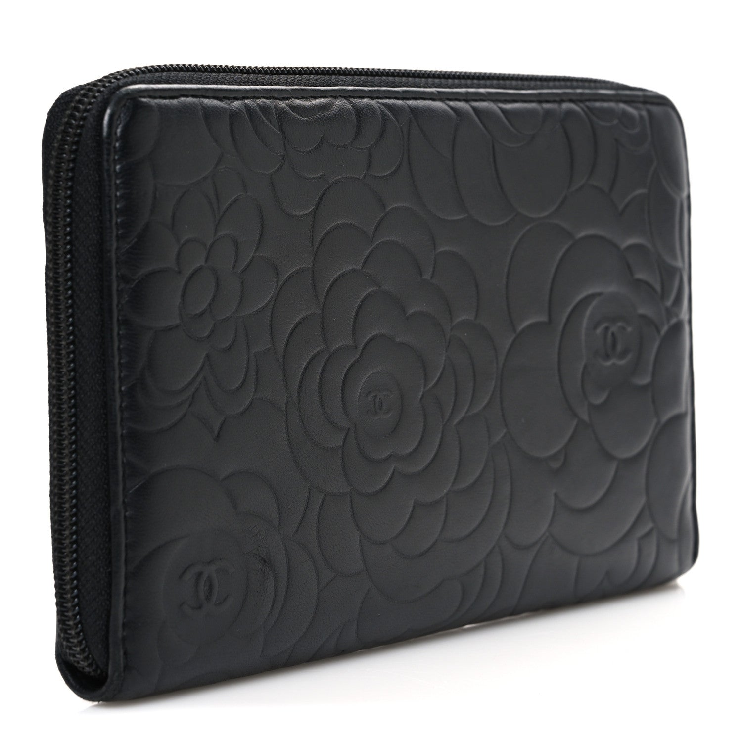 Lambskin Camellia Embossed Zip Around Organizer Wallet Black