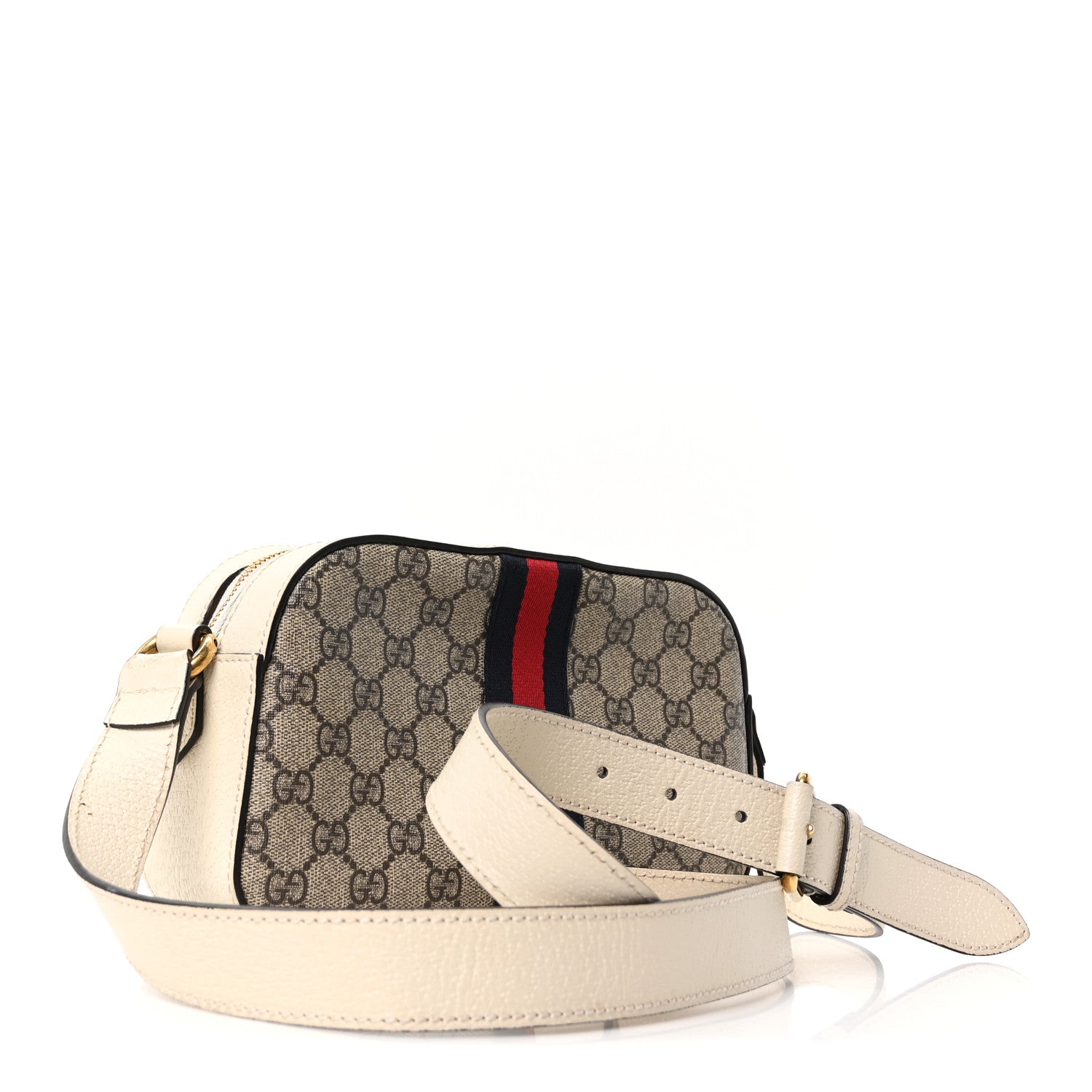 GG Supreme Monogram Textured Calfskin Web Small Ophidia Camera Bag Beige Ebony Mystic White