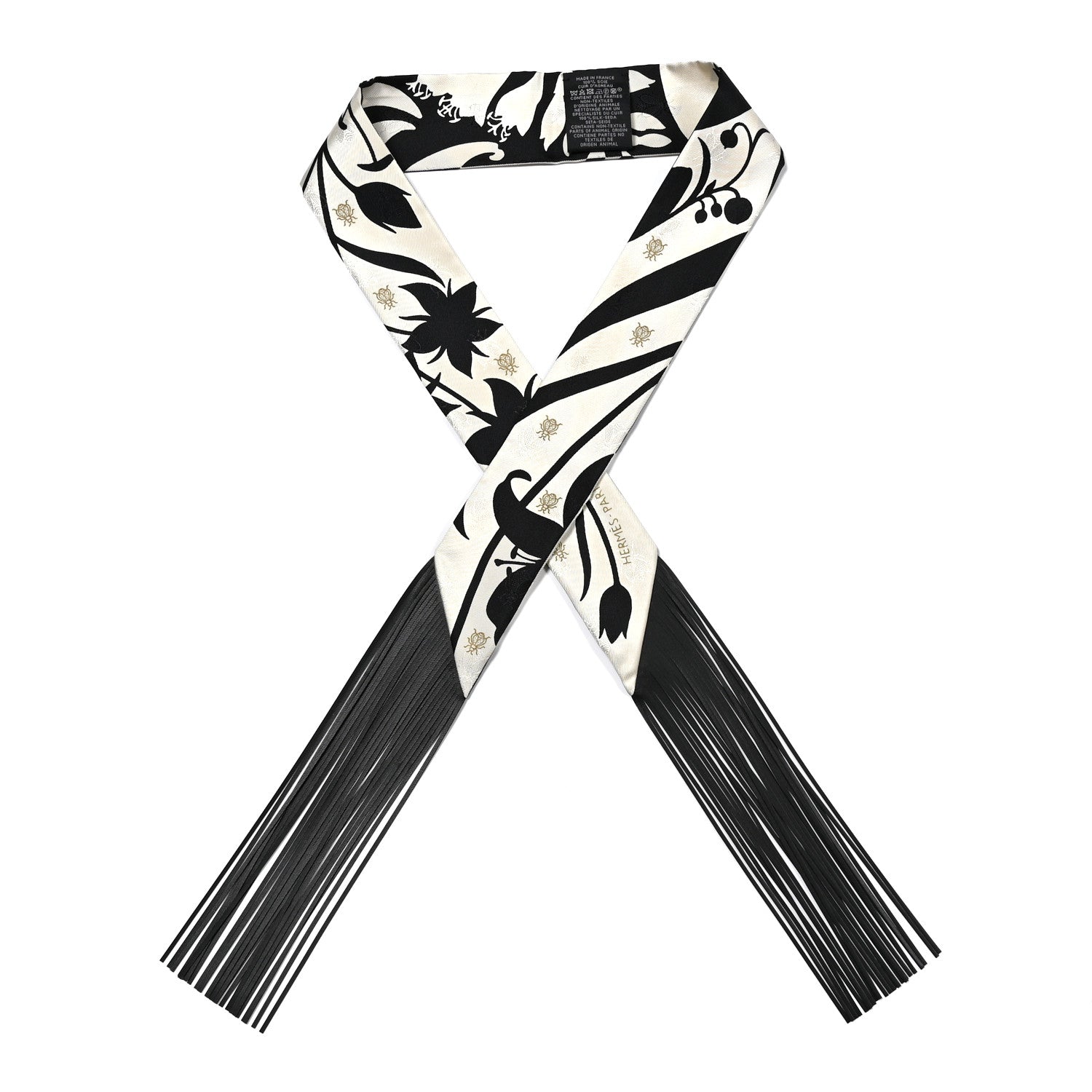 Silk Calfskin Bouquet Final Fringed Twilly Creme Black