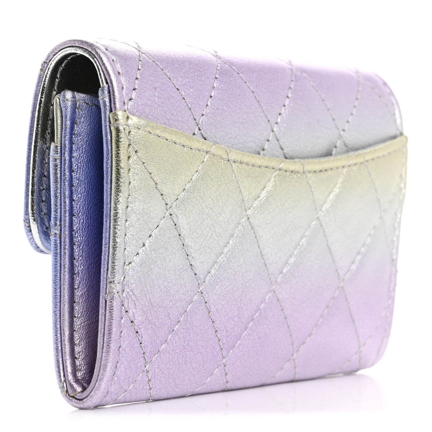 Gradient Metallic Calfskin Quilted Flap Card Holder Wallet Silver Blue Yellow Purple