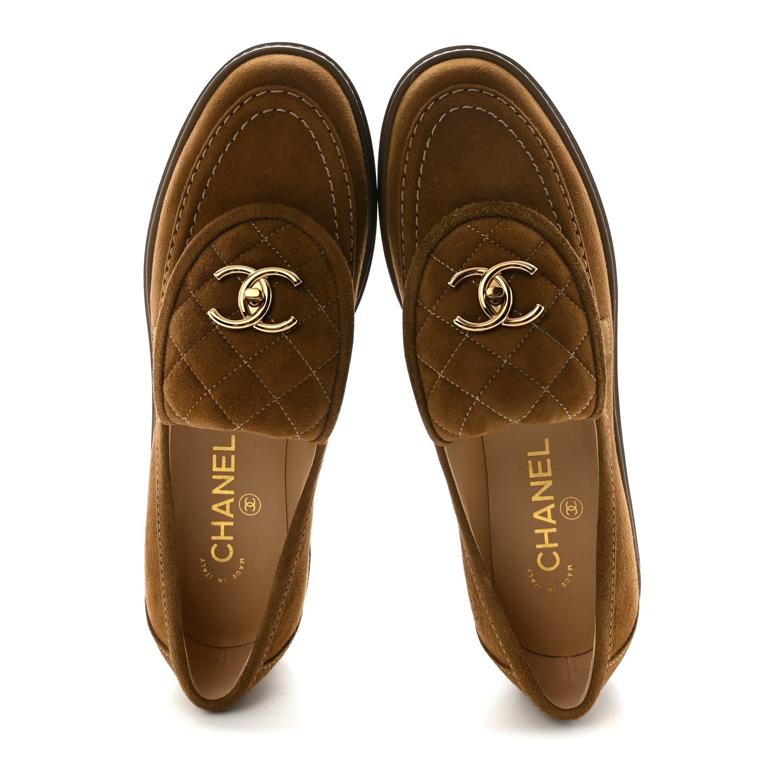 Suede Kidskin Quilted CC Turnlock Loafers 38.5 Light Brown