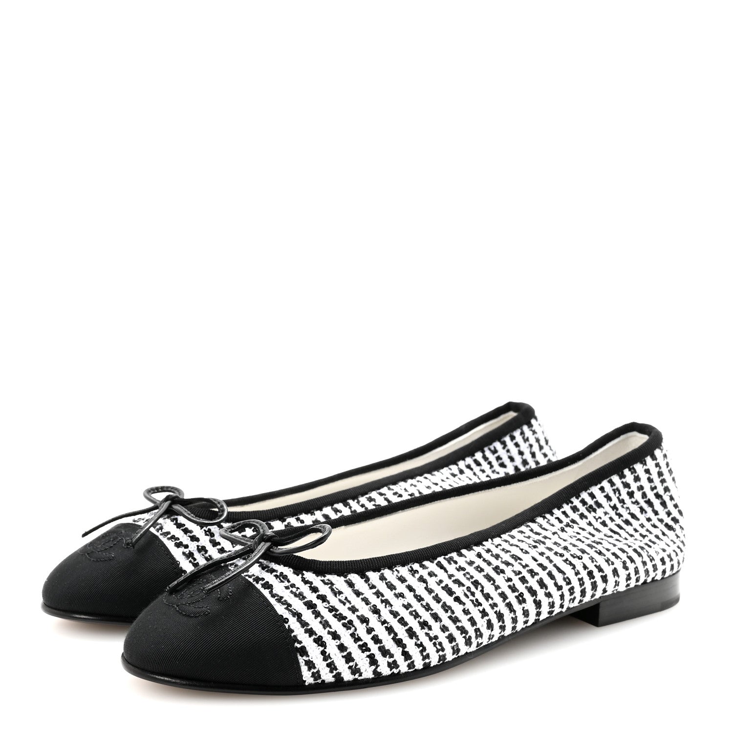 Tweed Sequin Grosgrain Cap Toe Ballerina Flats 39 Black White