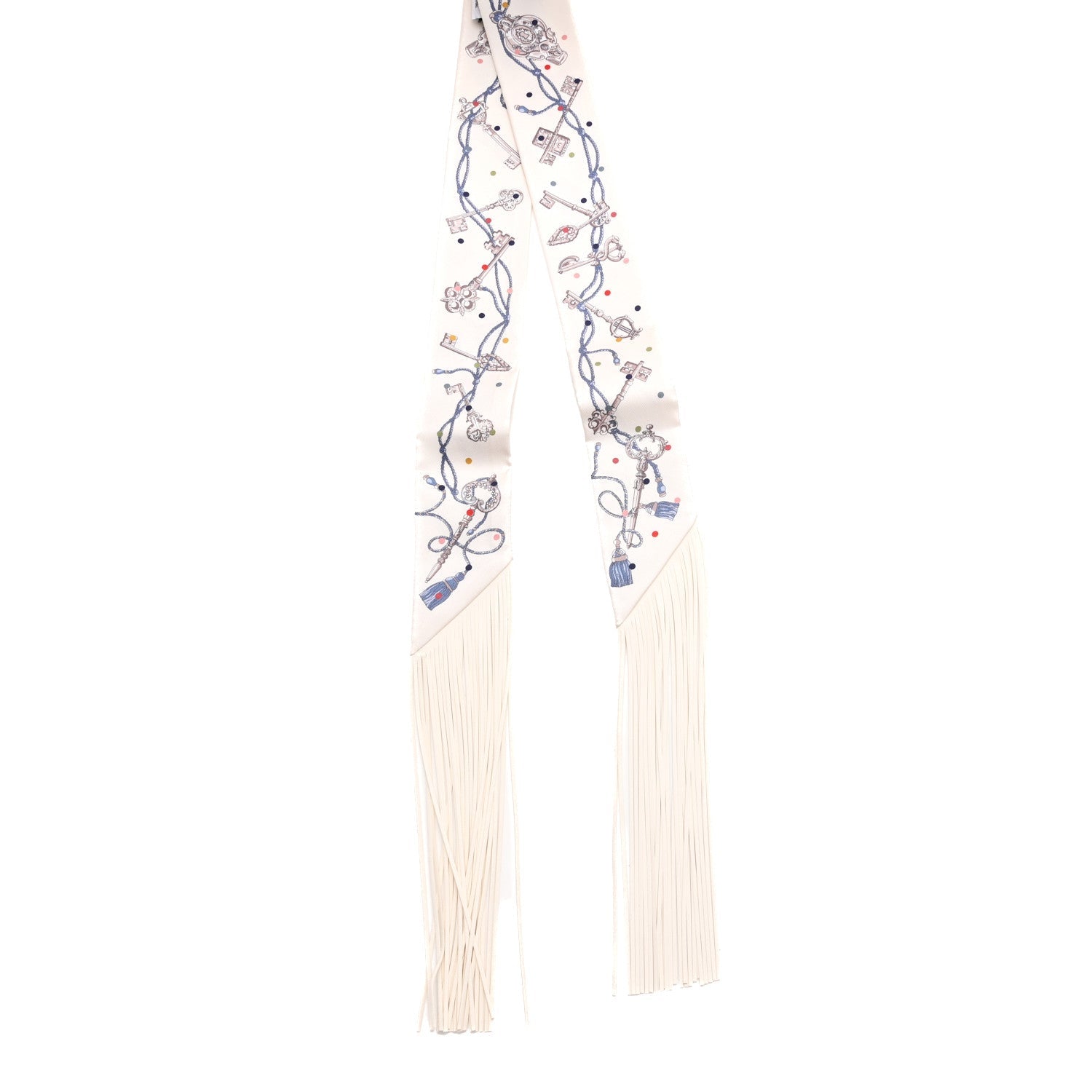 Silk Calfskin Les Cles A Pois Fringed Twilly Creme Gris Perle Multicolor