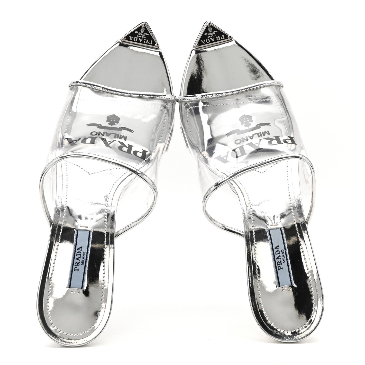 Plexiglass Metallic Calfskin Metal Triangle Logo 75mm Slide Sandals 40.5 Argento