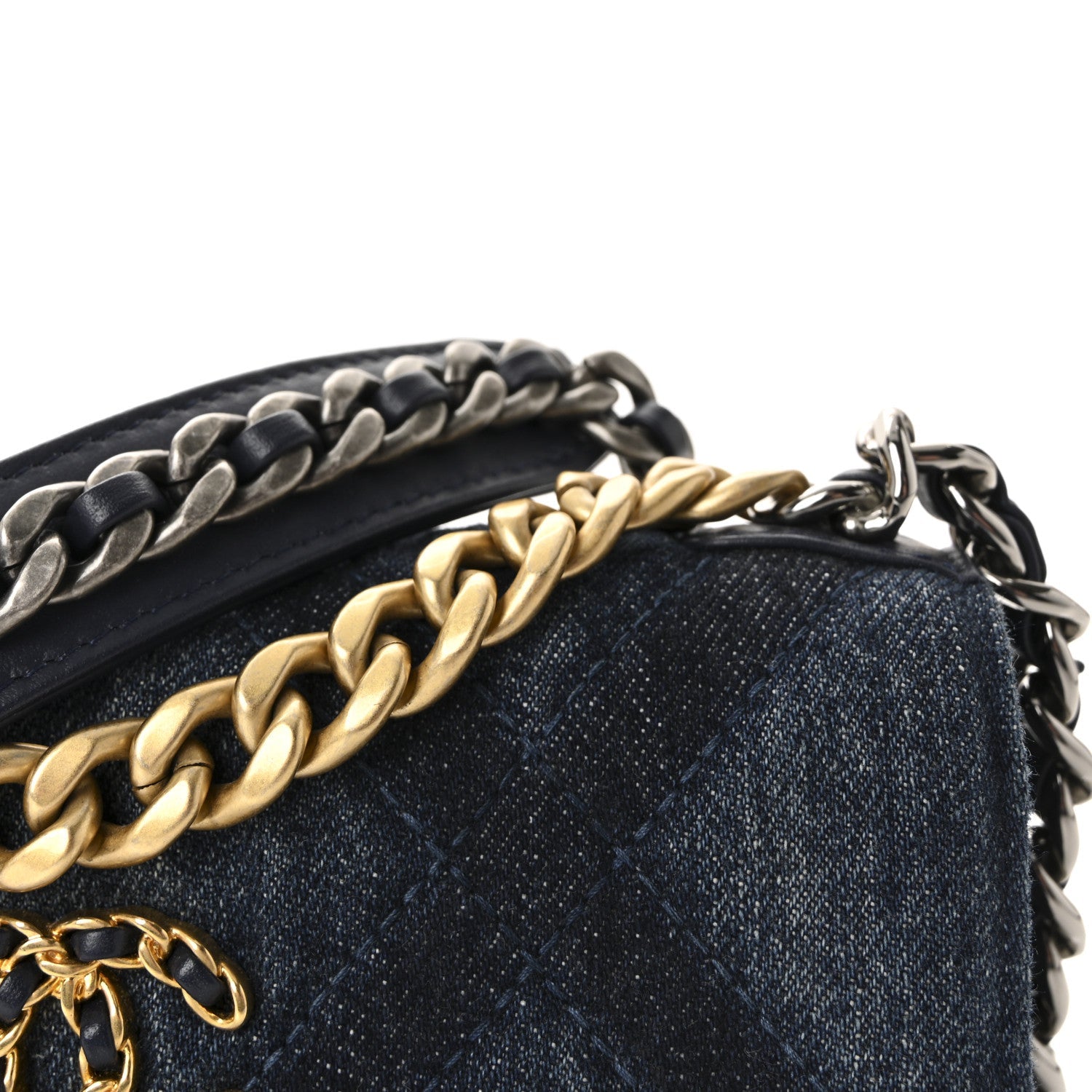 Denim Quilted Chanel 19 Flap Phone Holder With Chain Blue
