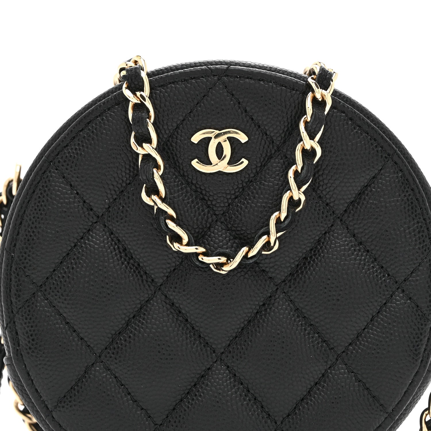 Caviar Quilted Round Clutch With Chain Black