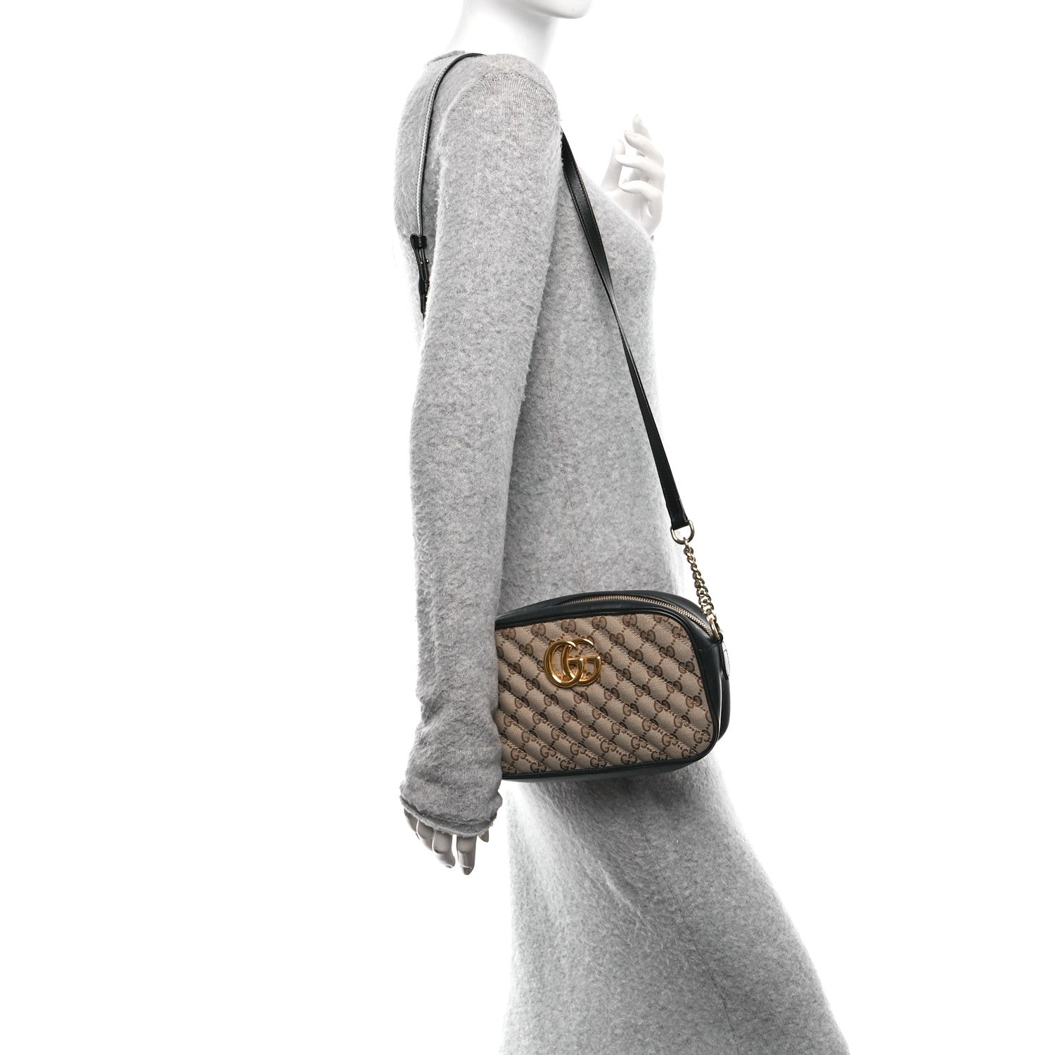 Monogram Matelasse Diagonal Small GG Marmont Chain Shoulder Bag Beige Black