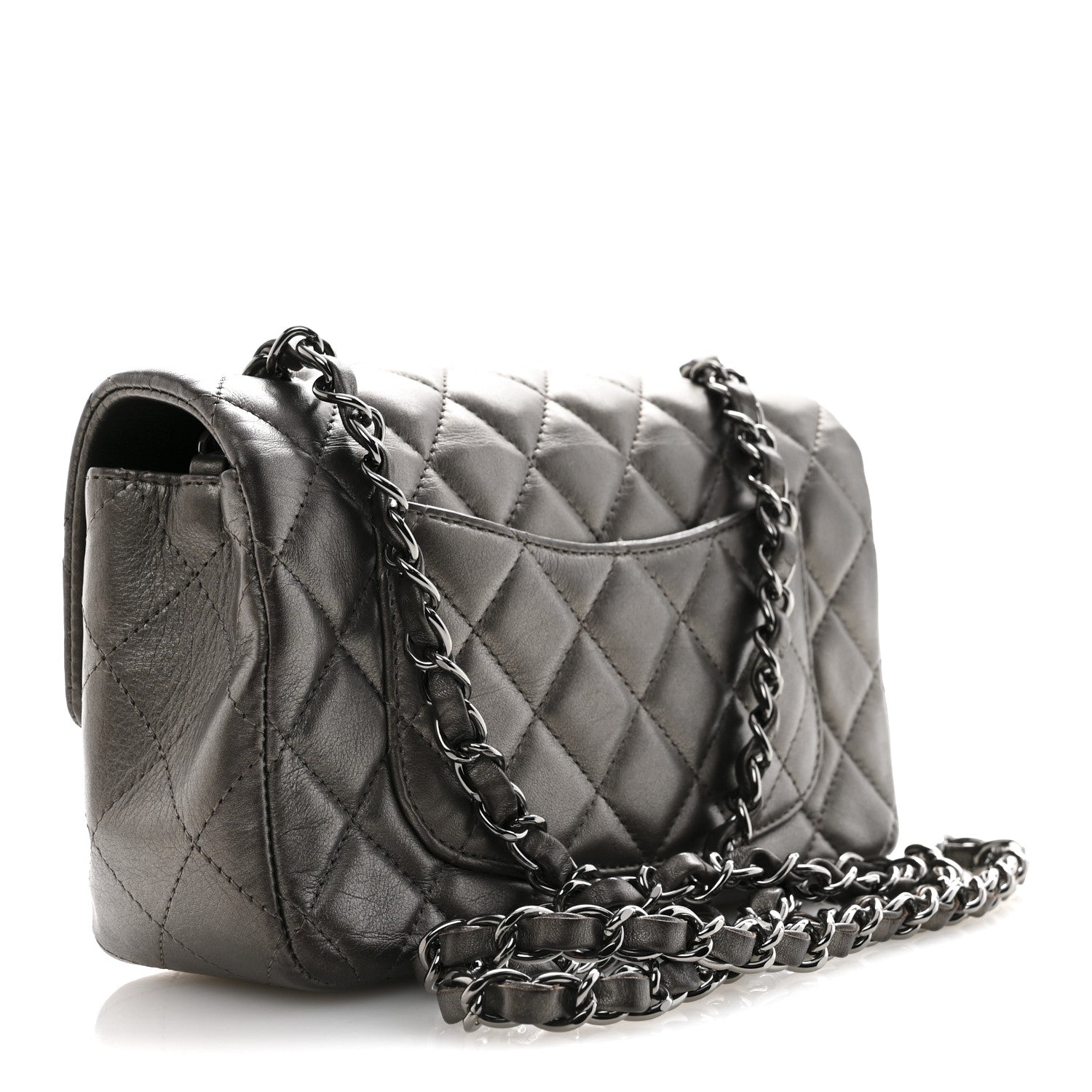 Metallic Lambskin Quilted Mini Rectangular Flap Ruthenium