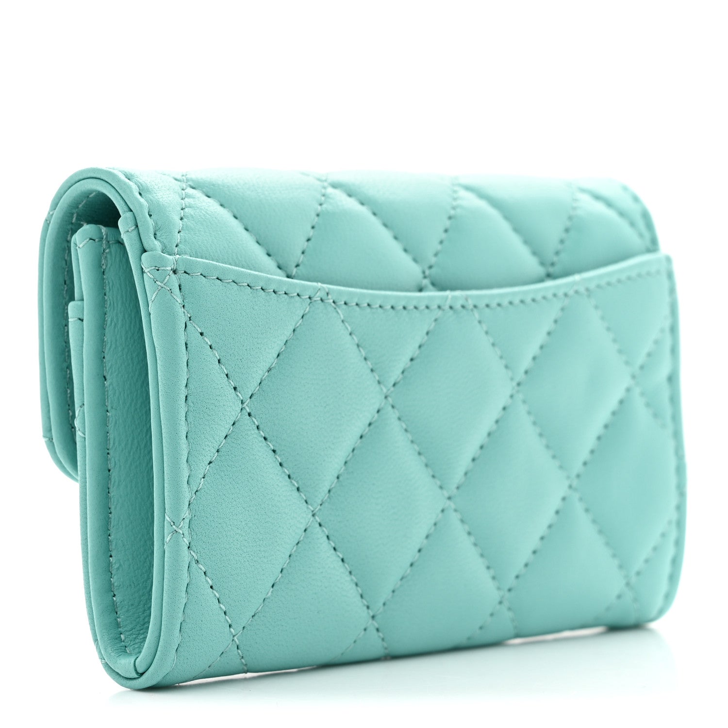 Lambskin Quilted Flap Card Holder Wallet Turquoise