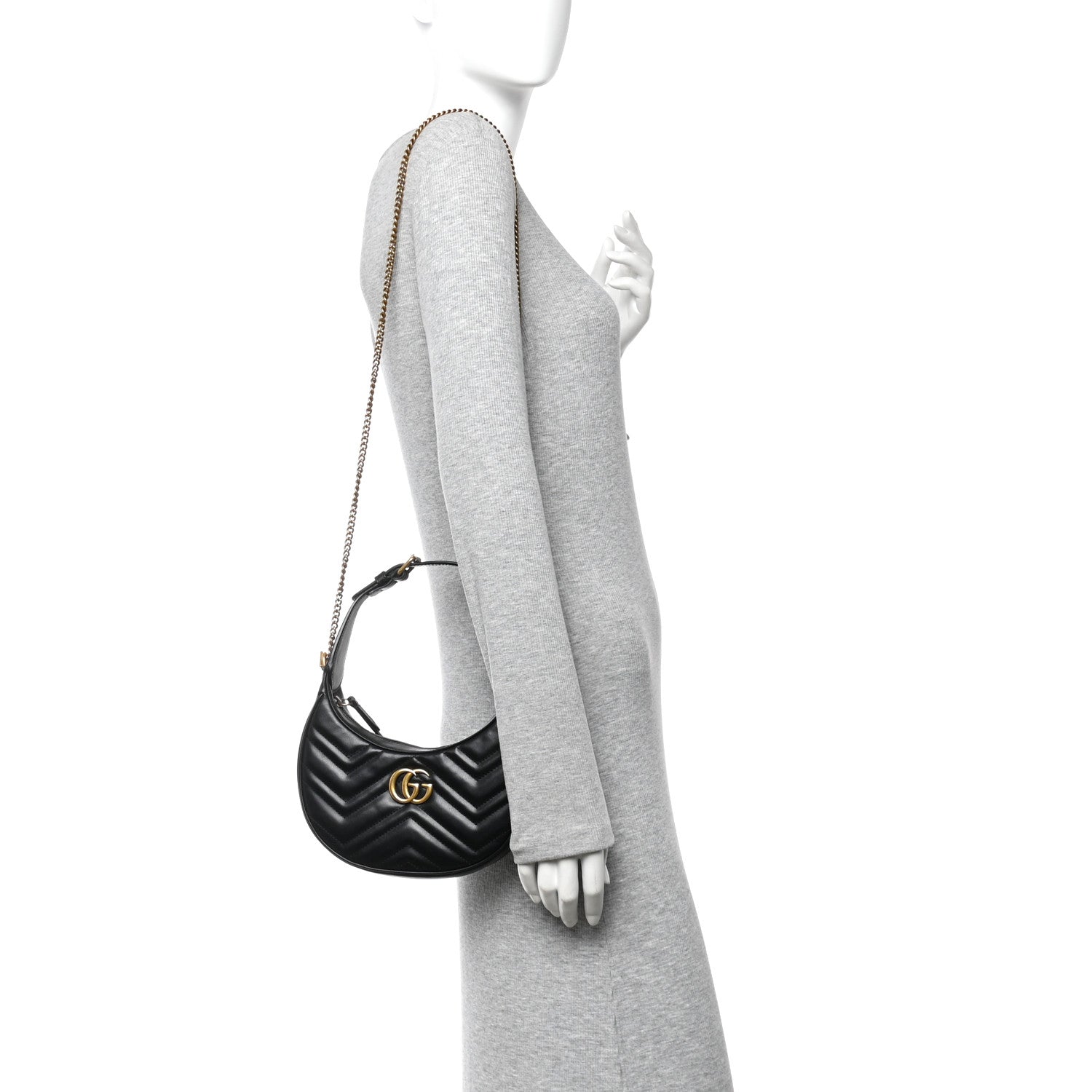 Calfskin Matelasse Chevron Mini GG Marmont Half Moon Hobo Black