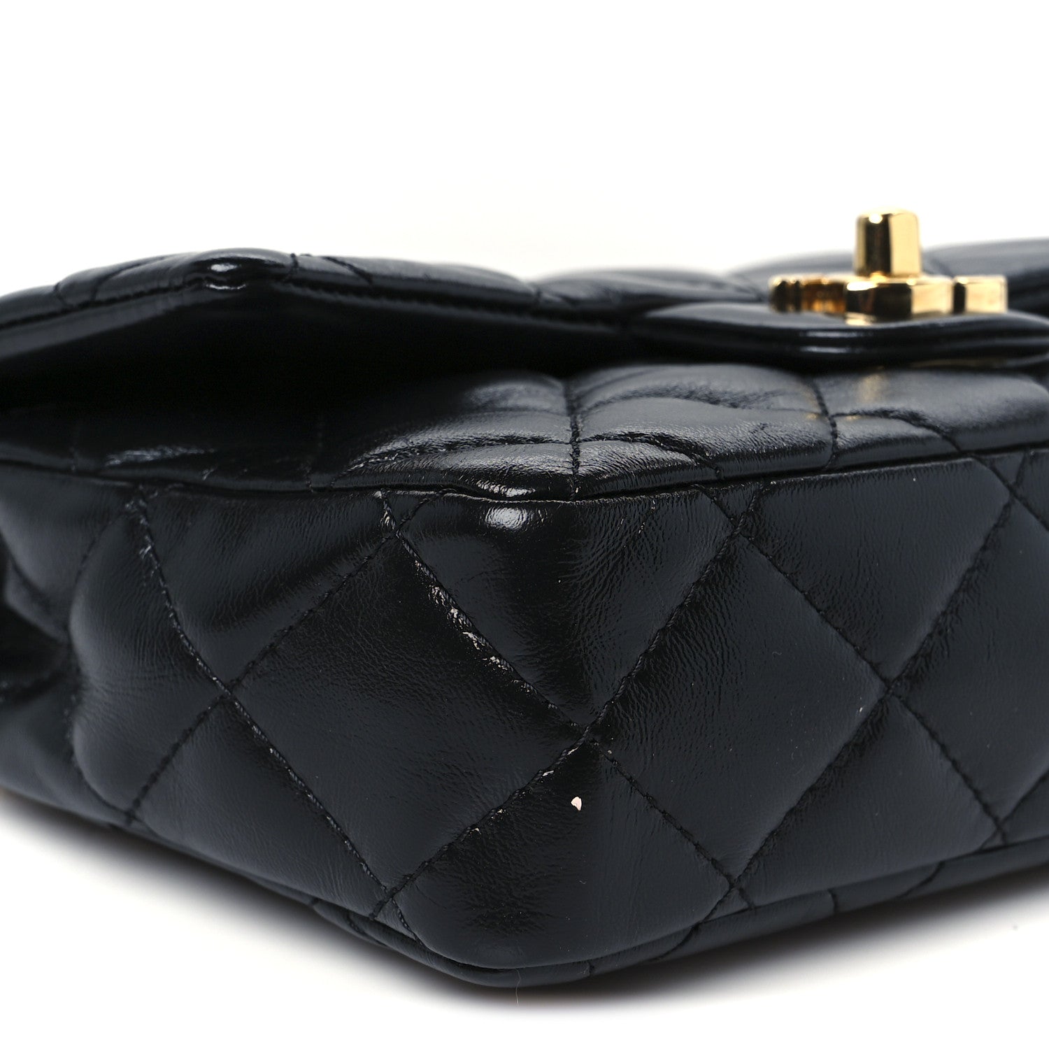 Shiny Lambskin Quilted Golden Links Top Handle Flap Black