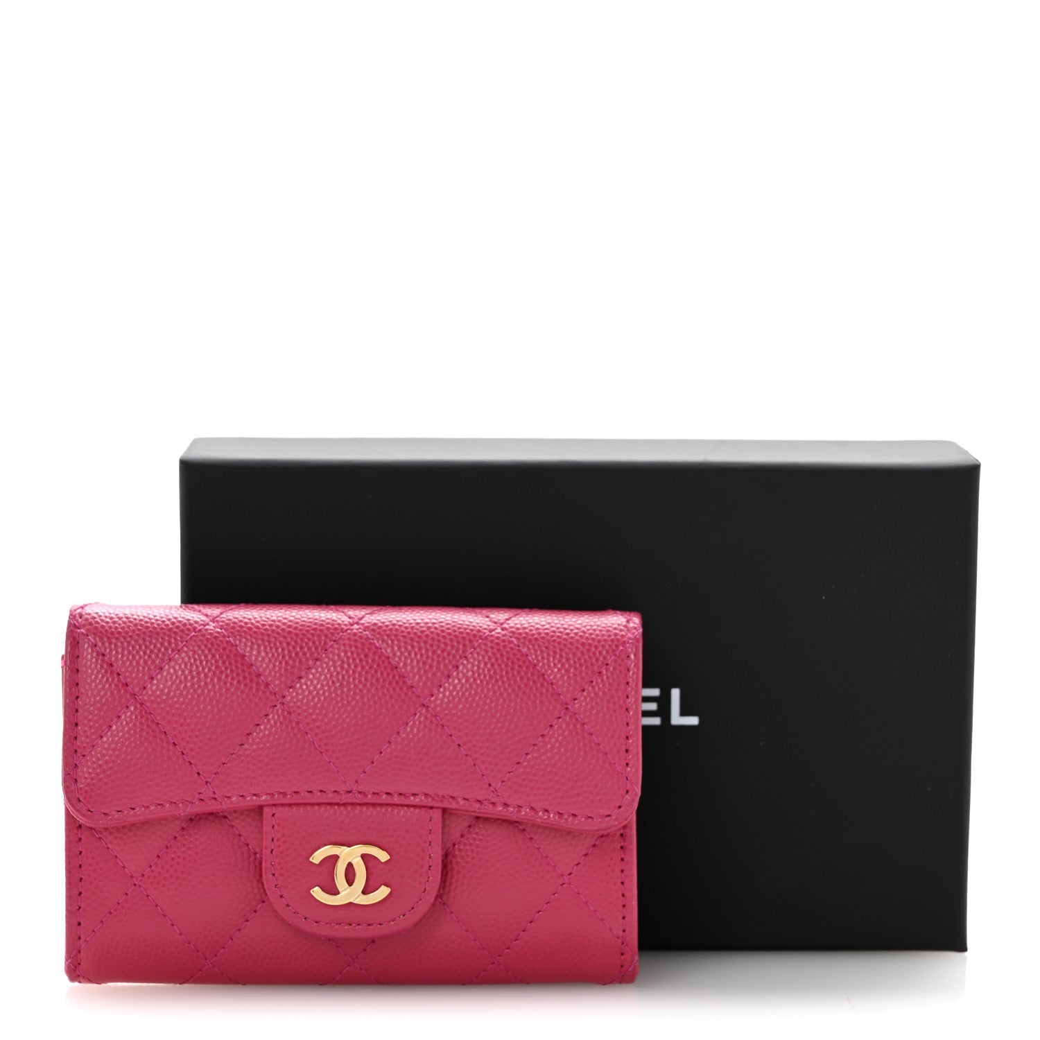 Caviar Quilted Flap Card Holder Wallet Dark Pink