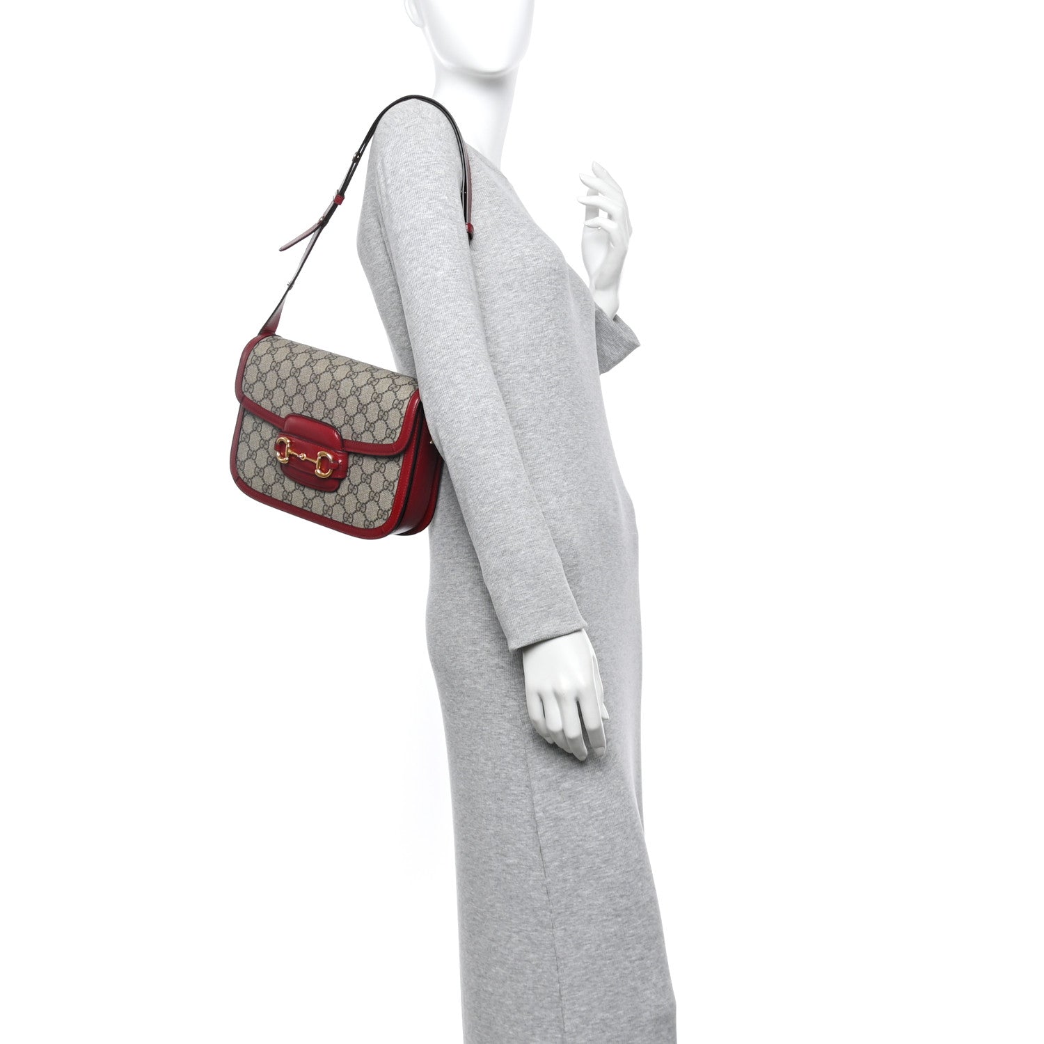 GG Supreme Monogram Azalea Calfskin Horsebit 1955 Shoulder Bag Beige Ebony New Cherry Red