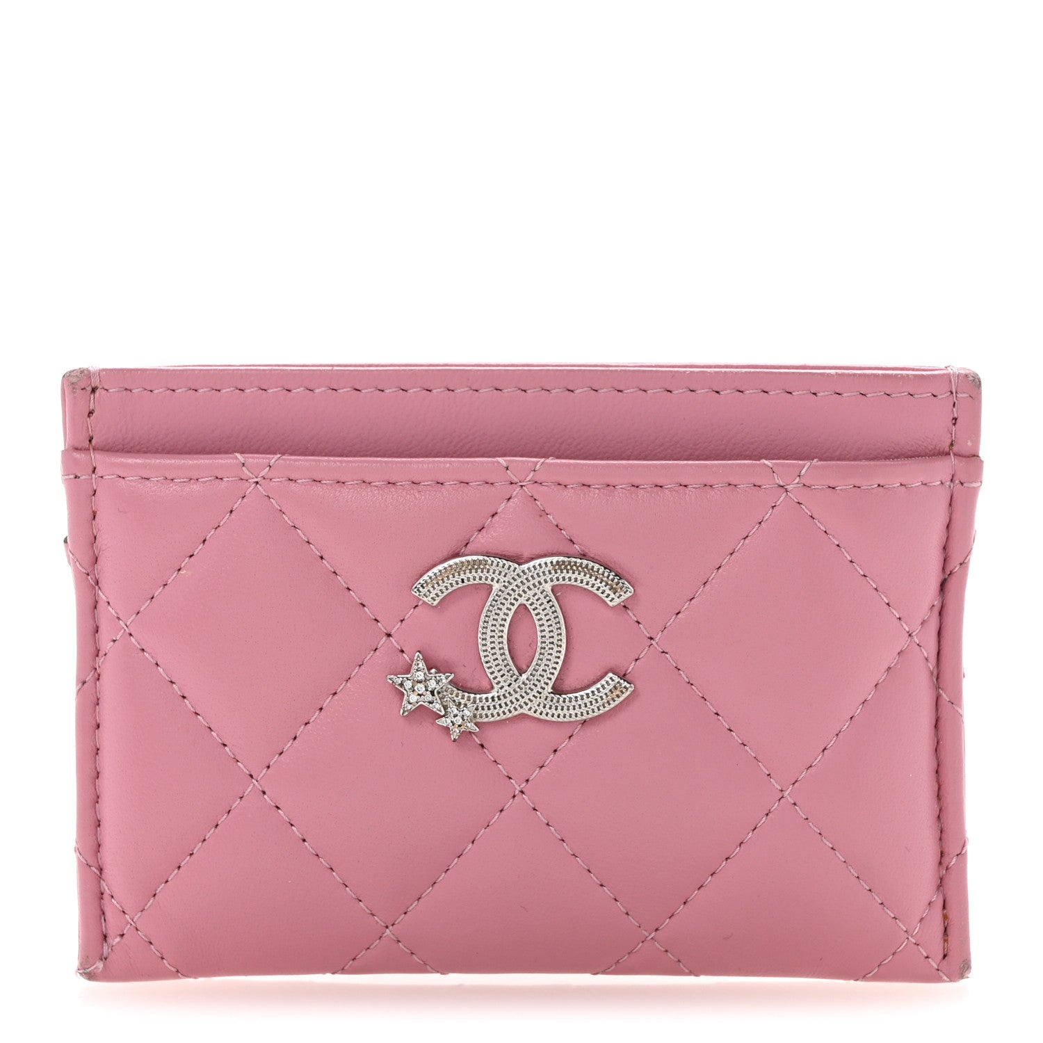 Lambskin Quilted Crystal Star Card Holder Pink