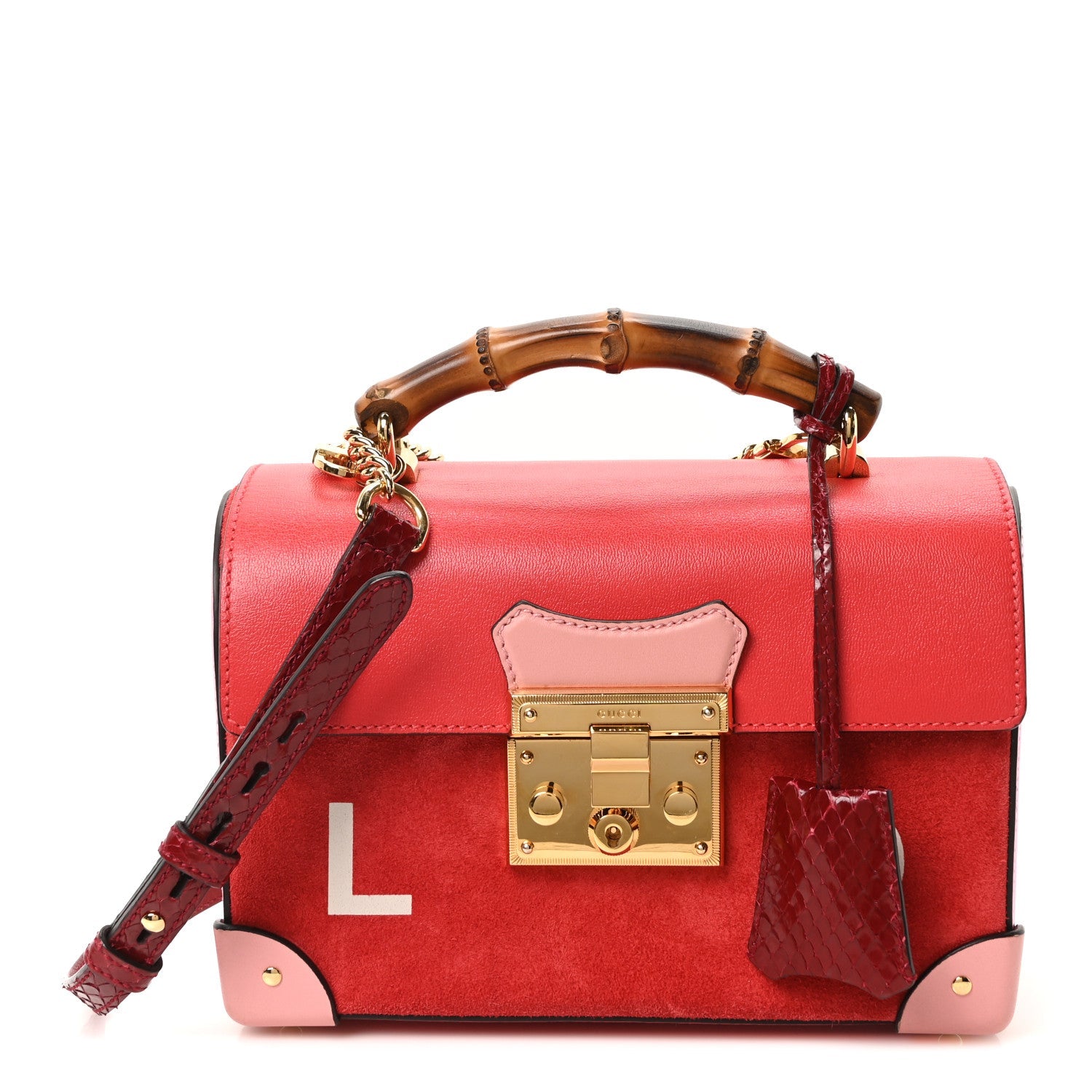 Calfskin Suede Snakeskin Valentines Day Small Padlock Bamboo Shoulder Bag Red Pink Multicolor