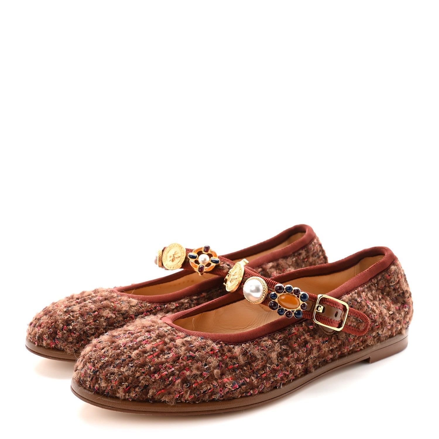 Wool Tweed Mary Jane Flats 37 Brown Red Dark Blue