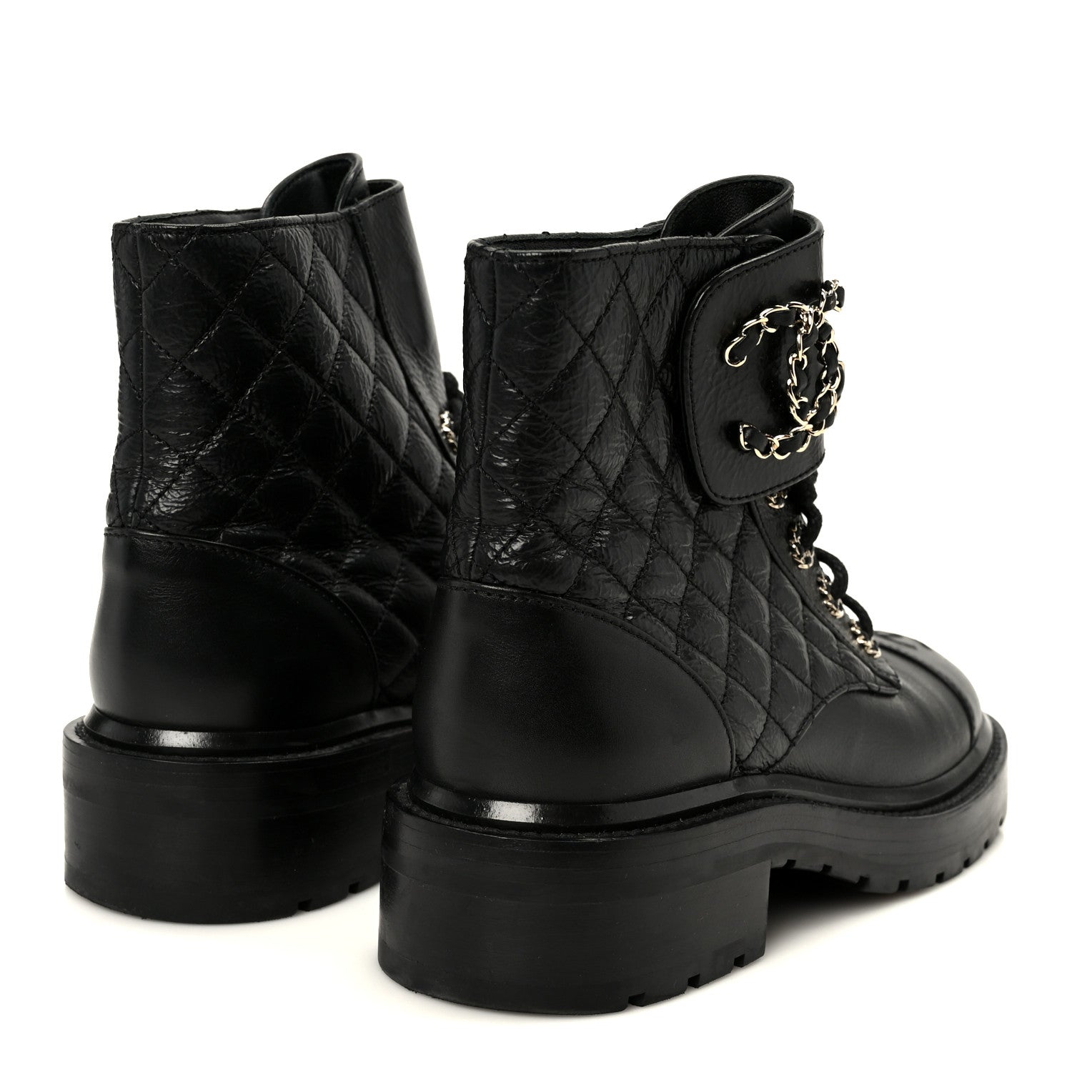 Shiny Goatskin Calfskin Quilted Lace Up Combat Boots 37.5 Black
