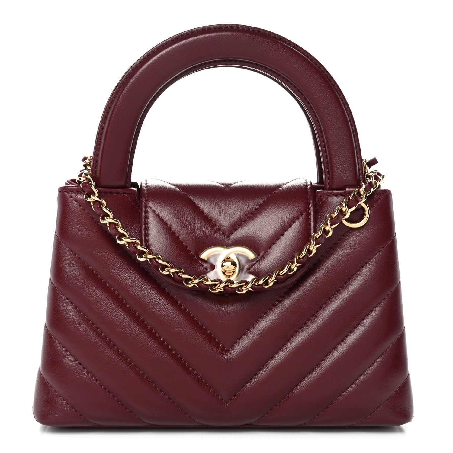 Shiny Lambskin Chevron Quilted Nano Kelly Shopper Dark Burgundy