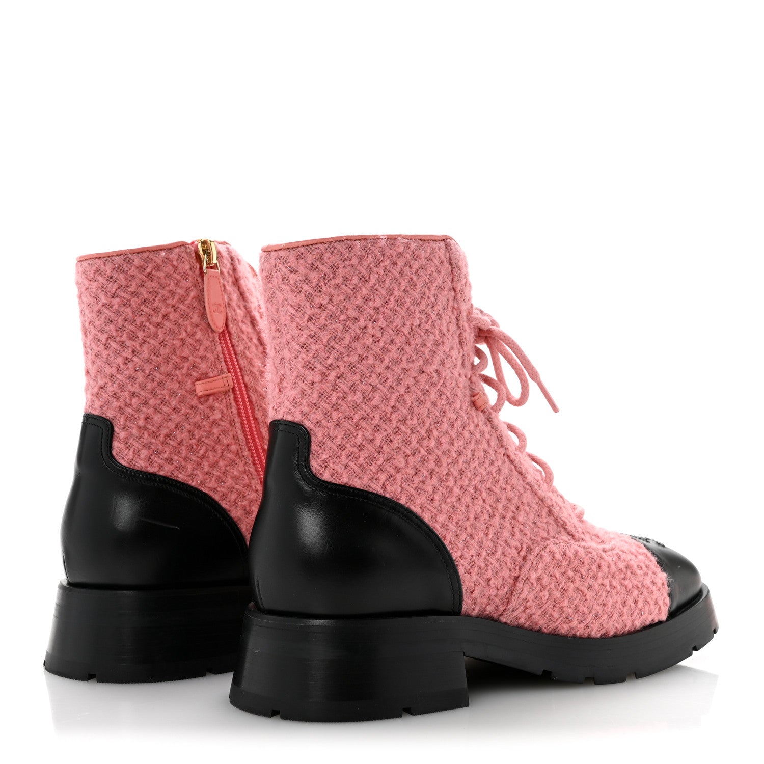 Wool Tweed Calfskin Chain Lace Up Combat Boots 38.5 Pink Black