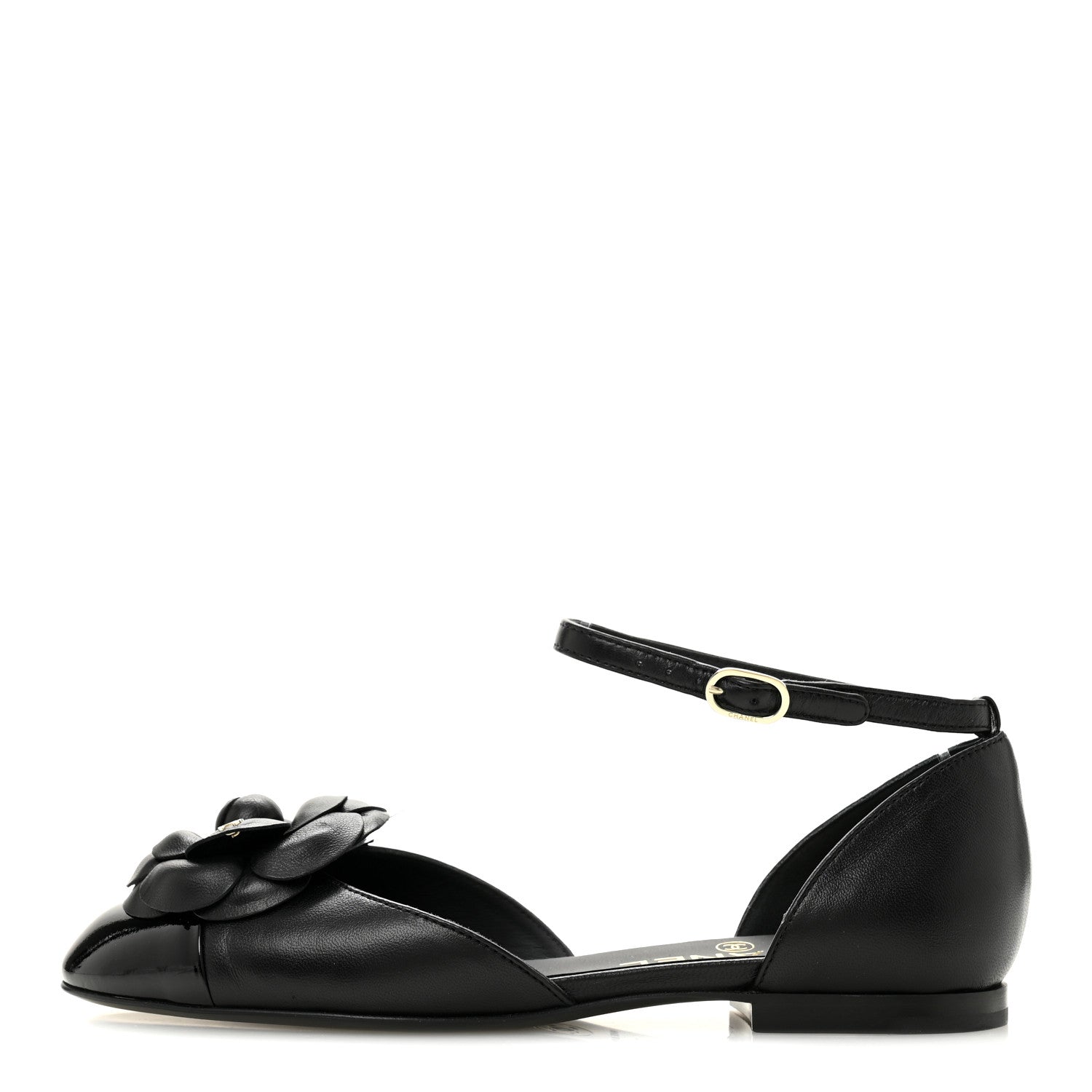 Lambskin Patent Calfskin Cap Toe Camellia Mary Jane Flats 36 Black