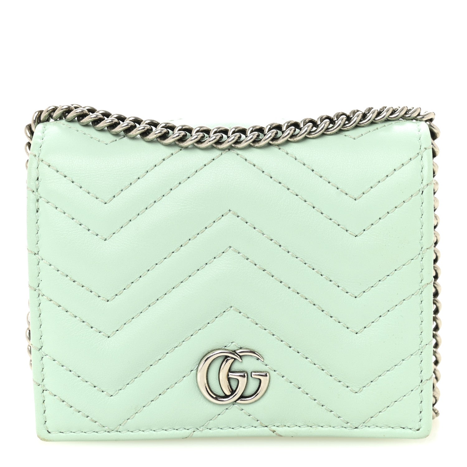 Calfskin Matelasse GG Marmont Mini Wallet On Chain Water Green
