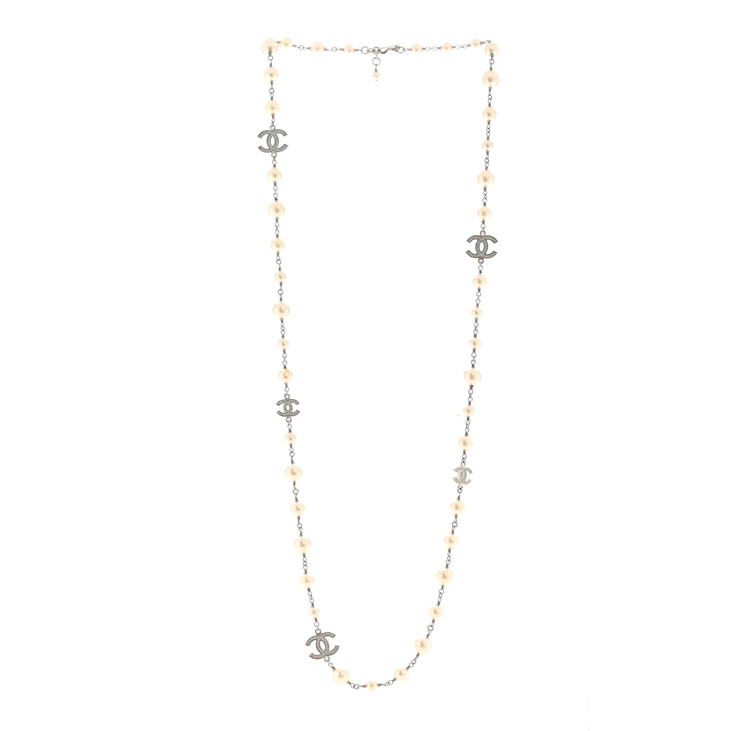 Graduated Pearl Crystal CC Long Necklace Silver