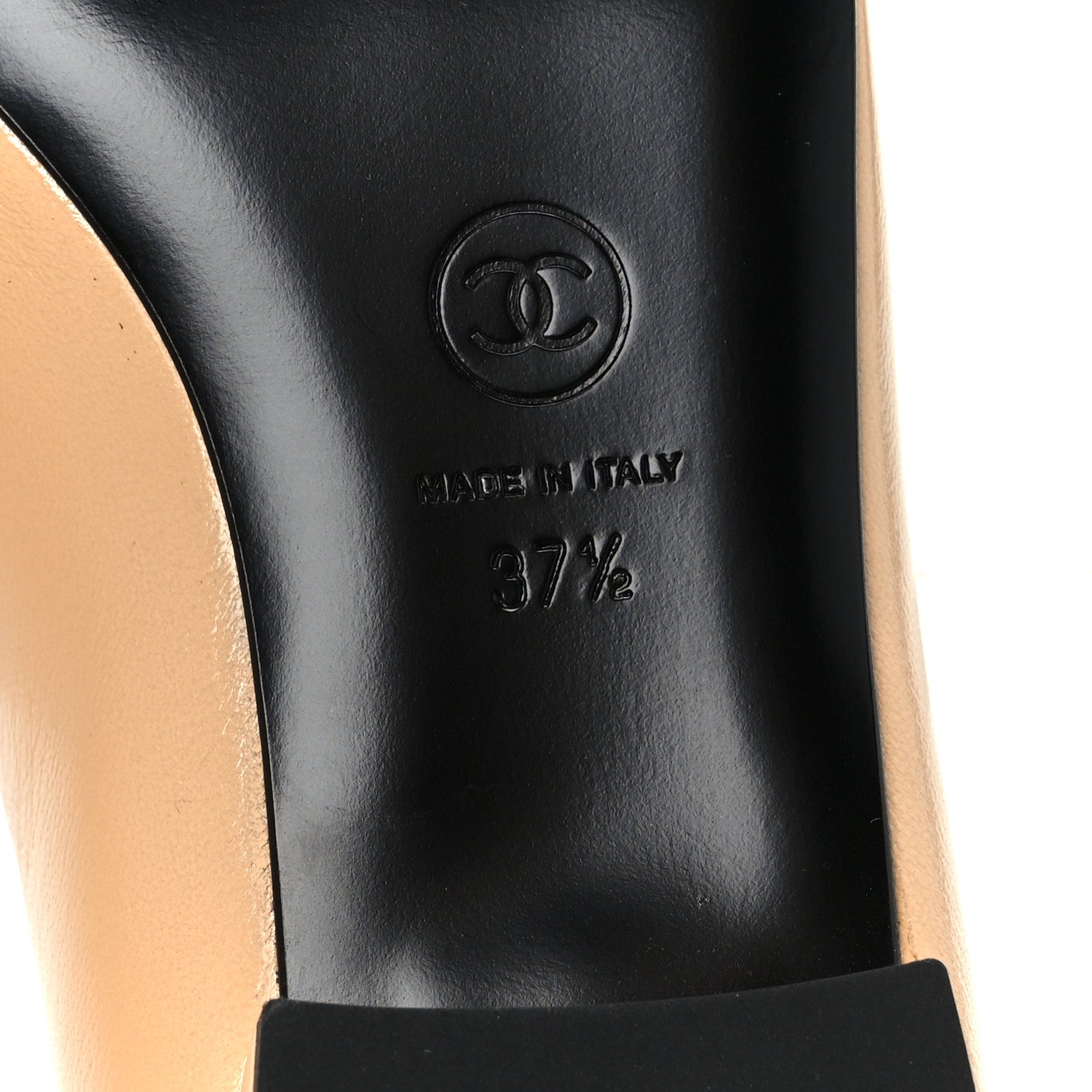 Shiny Lambskin Grosgrain Pointed Toe CC Ballet Flats 37.5 Beige Black