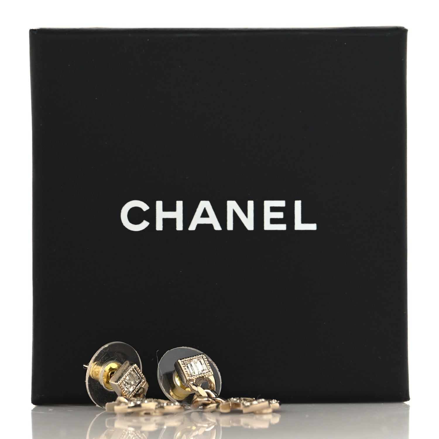 Metal Crystal Baguette CC Chain Drop Earrings Gold
