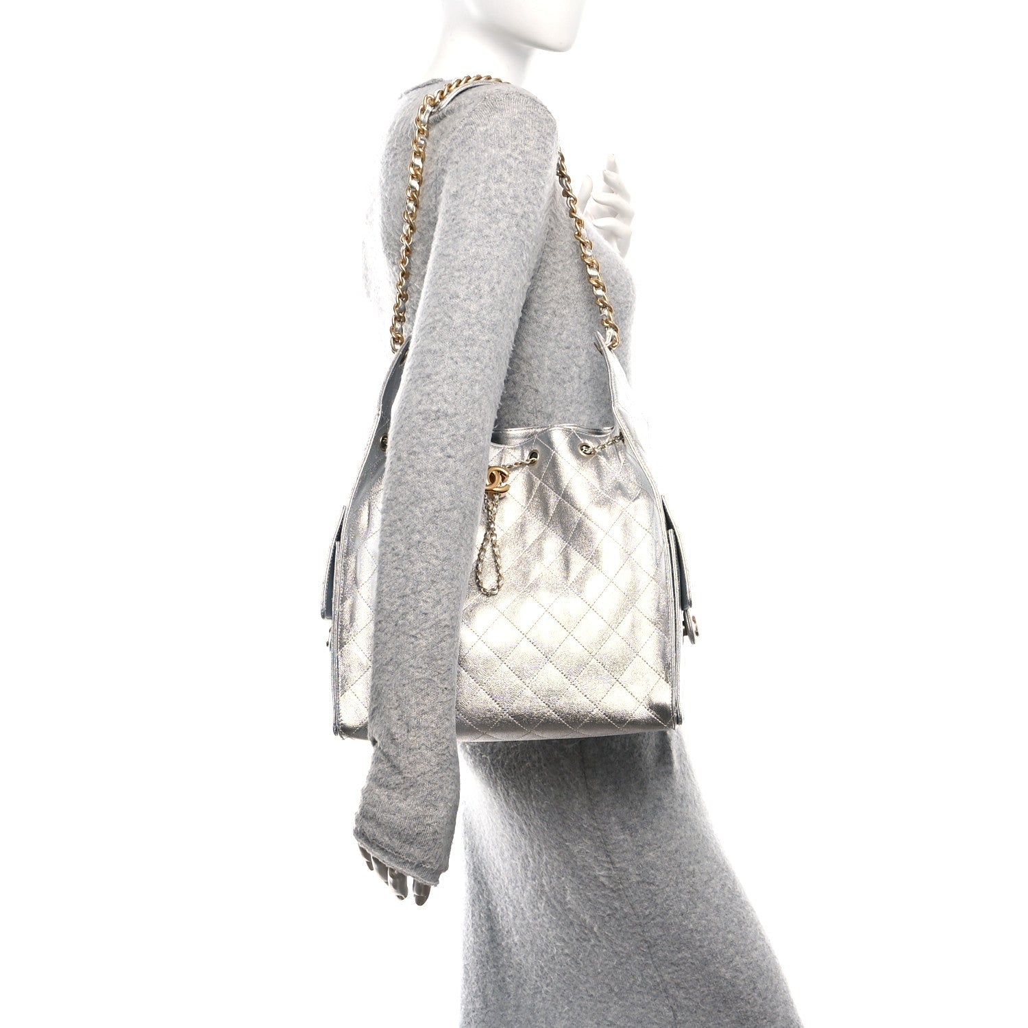 Metallic Caviar Quilted Medium Chanel 25 Handbag Silver