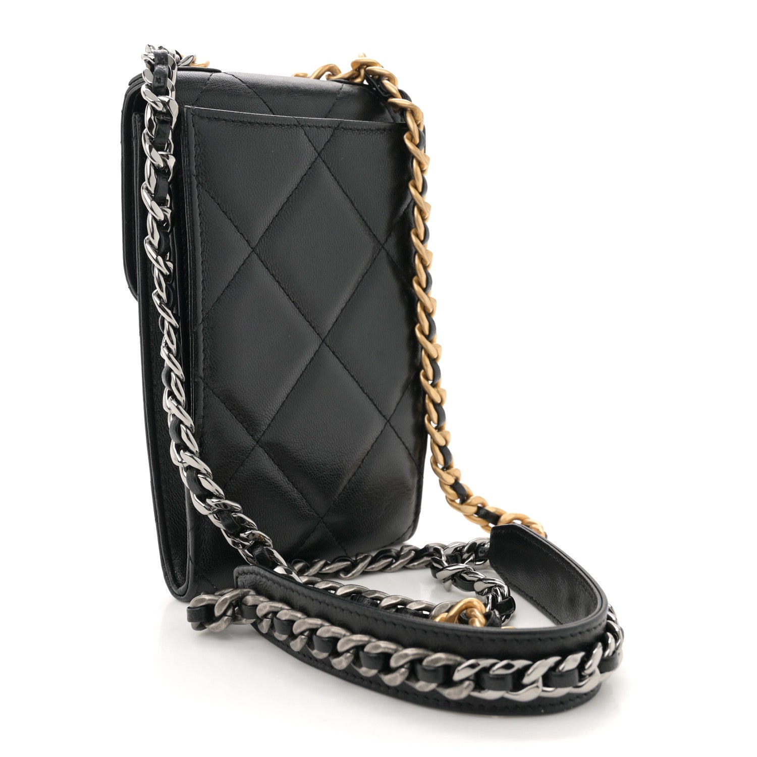 Lambskin Quilted Chanel 19 Phone Holder With Chain Black